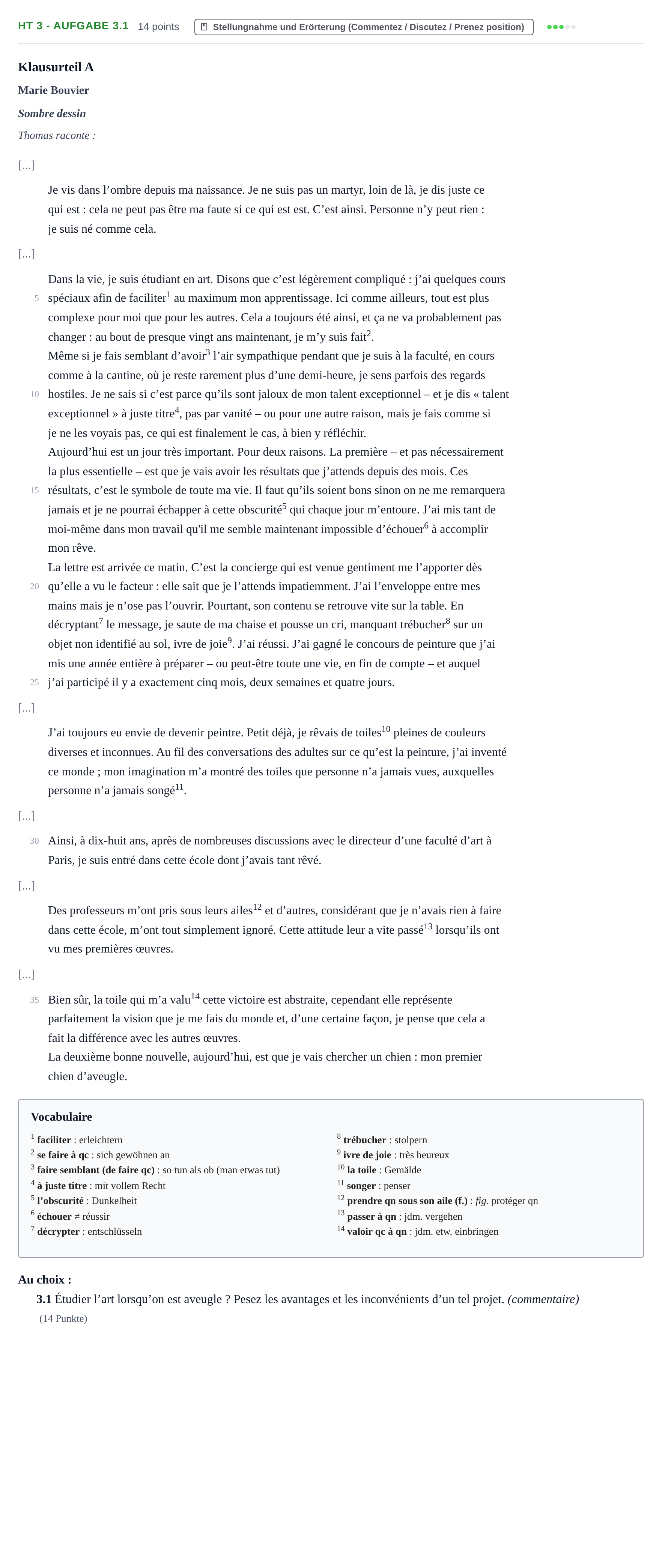 Aufgabenstellung: Aufgabe HT 3 - Aufgabe 3.1 · Abitur NRW Französisch GK · Haupttermin · neu einsetzend 2021