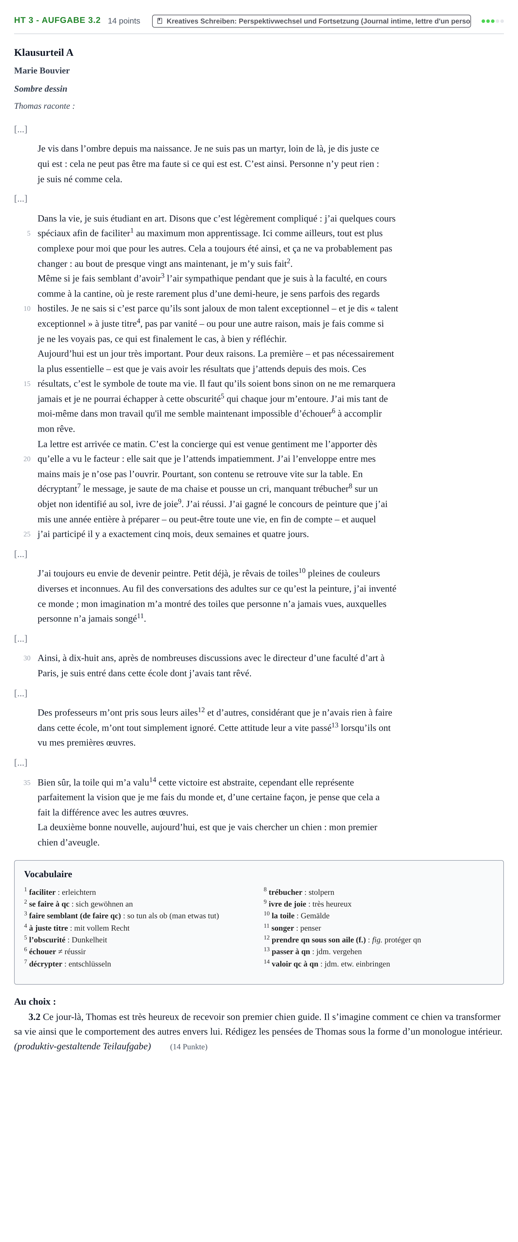 Aufgabenstellung: Aufgabe HT 3 - Aufgabe 3.2 · Abitur NRW Französisch GK · Haupttermin · neu einsetzend 2021