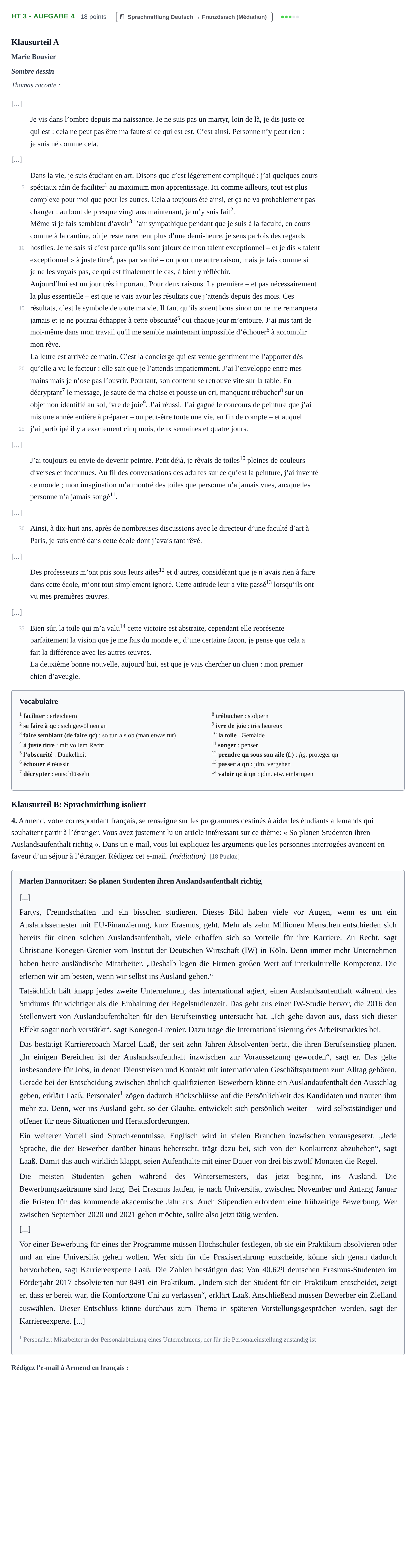 Aufgabenstellung: Aufgabe HT 3 - Aufgabe 4 · Abitur NRW Französisch GK · Haupttermin · neu einsetzend 2021