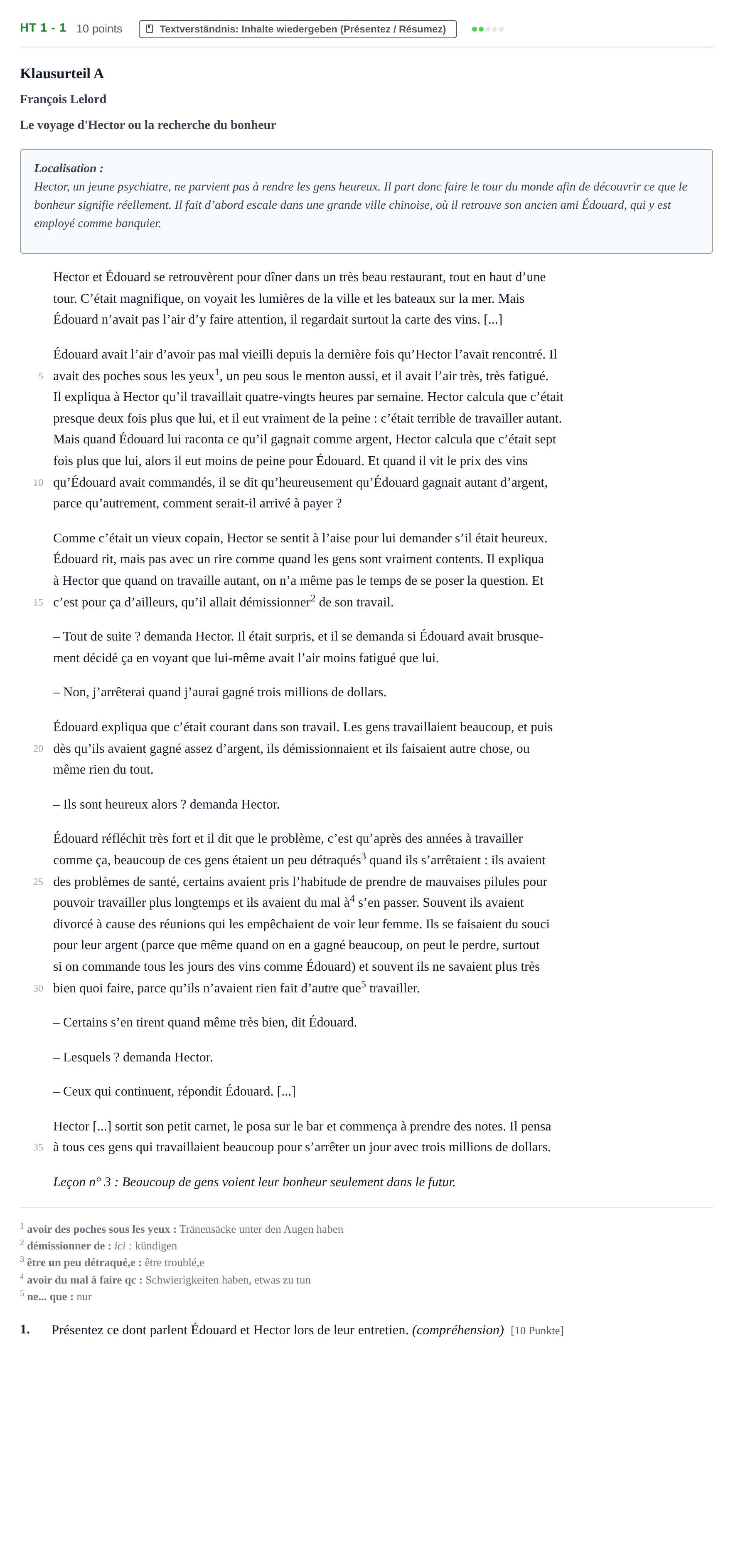 Aufgabenstellung: Aufgabe HT 1 - 1 · Abitur NRW Französisch GK · Haupttermin · neu einsetzend · Weit 2021