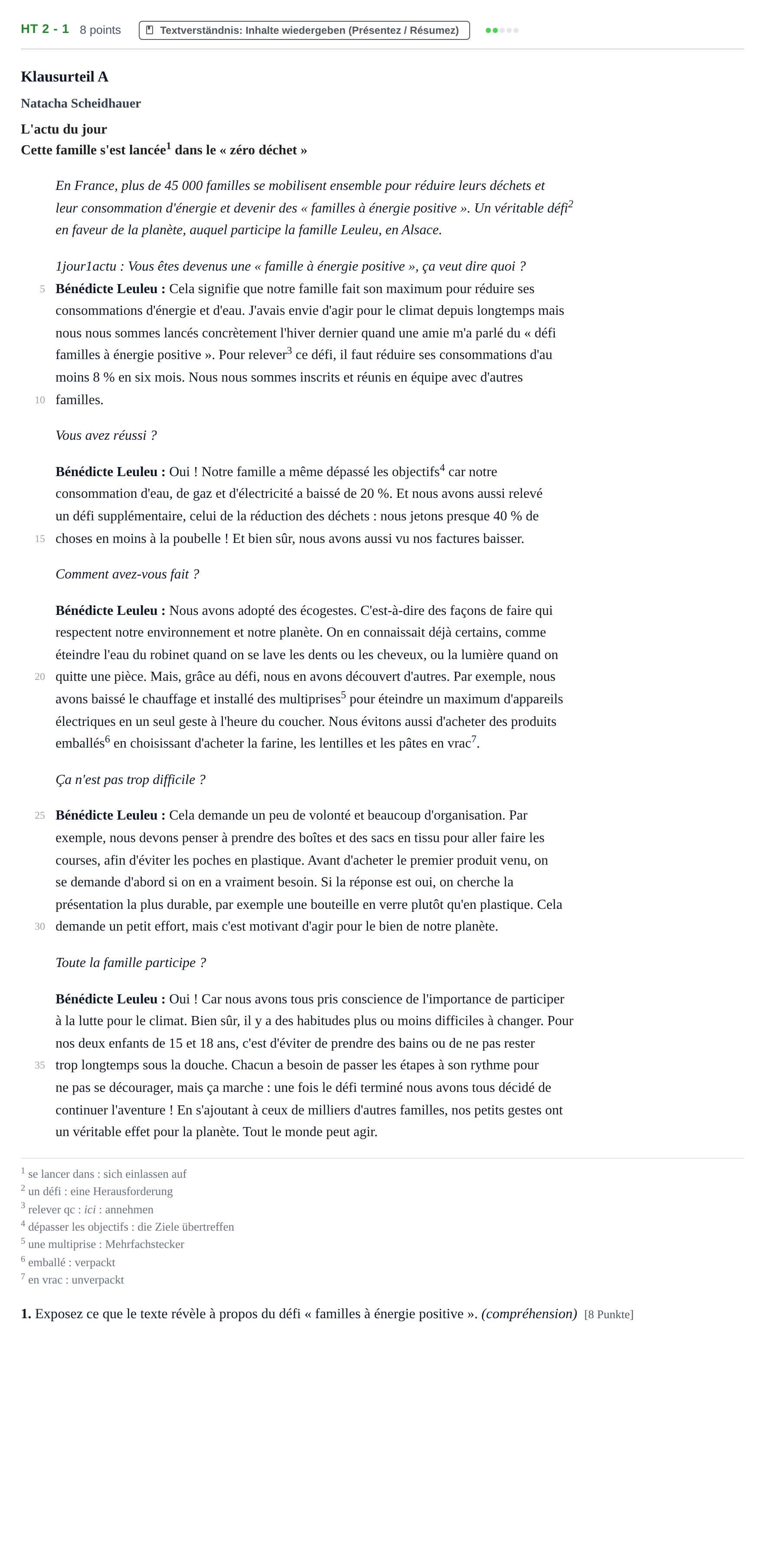 Aufgabenstellung: Aufgabe HT 2 - 1 · Abitur NRW Französisch GK · Haupttermin · neu einsetzend · Weit 2021