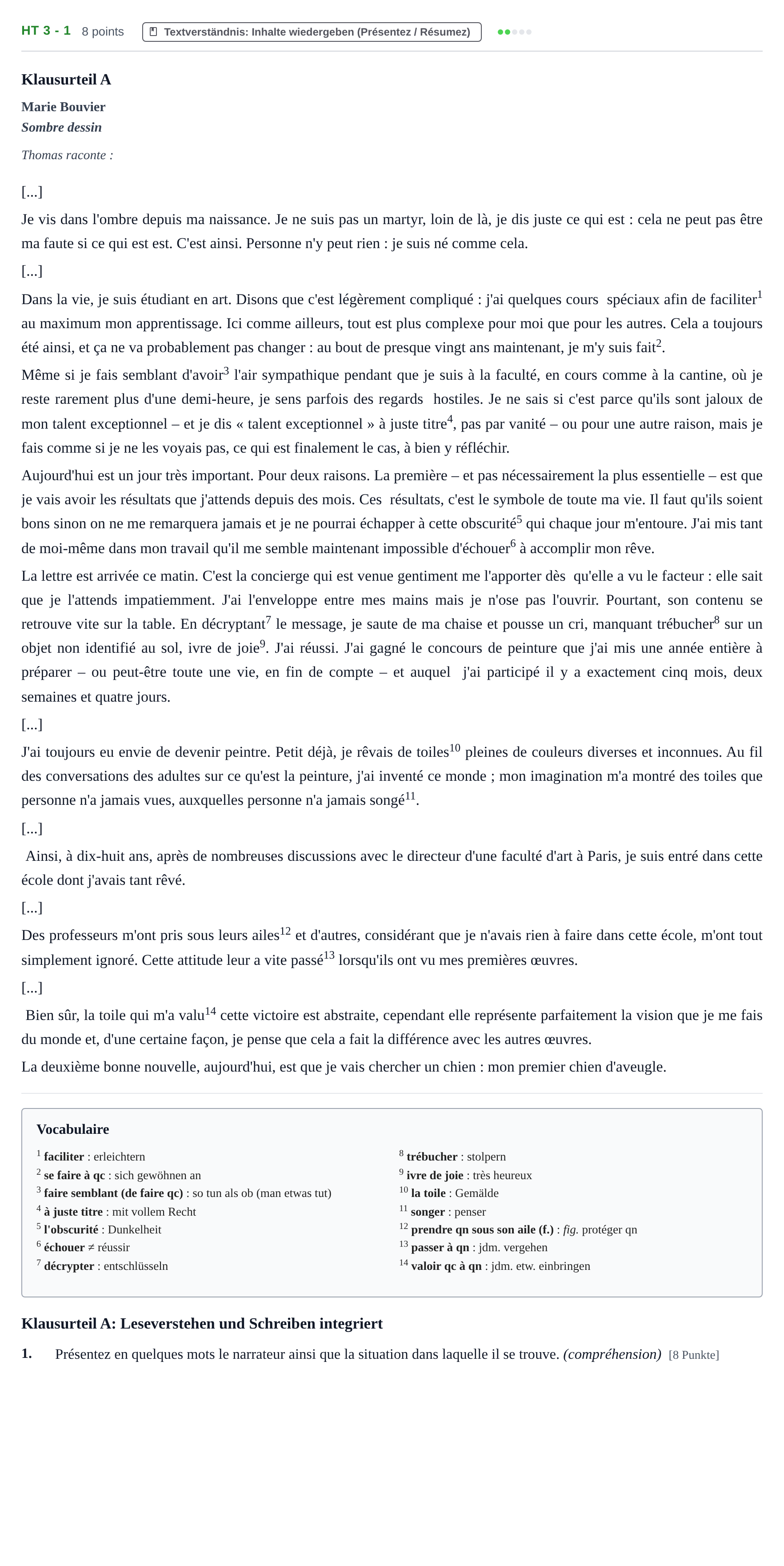Aufgabenstellung: Aufgabe HT 3 - 1 · Abitur NRW Französisch GK · Haupttermin · neu einsetzend · Weit 2021