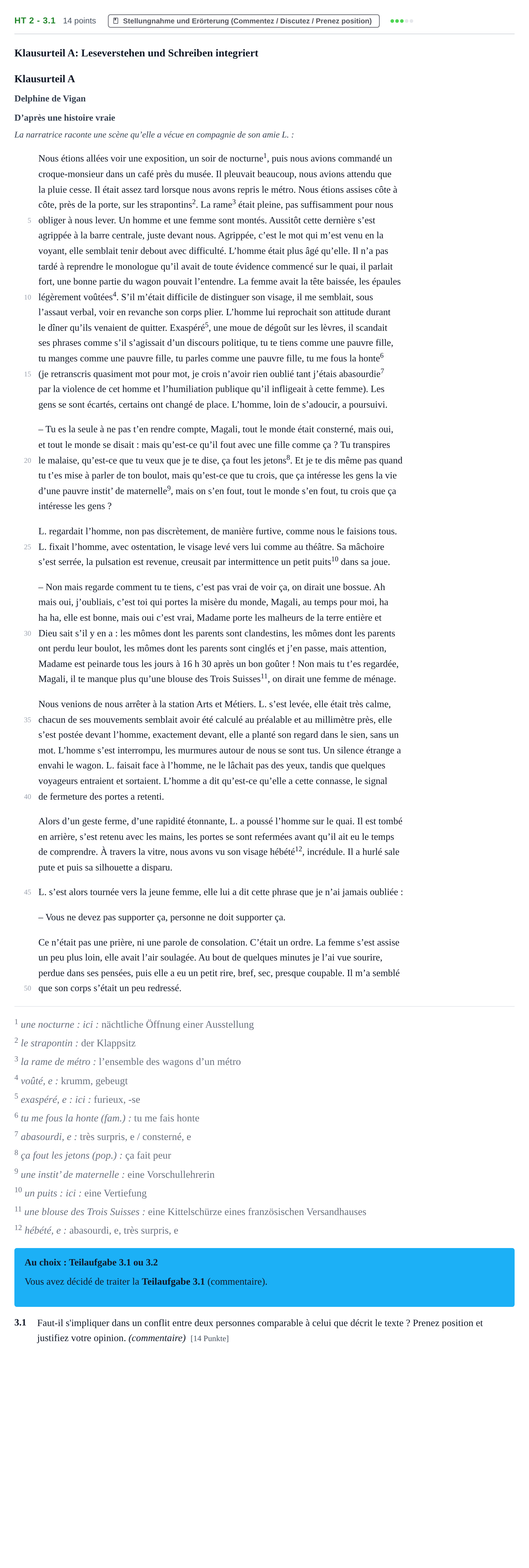 Aufgabenstellung: Aufgabe HT 2 - 3.1 · Abitur NRW Französisch LK · Haupttermin · fortgeführt 2021