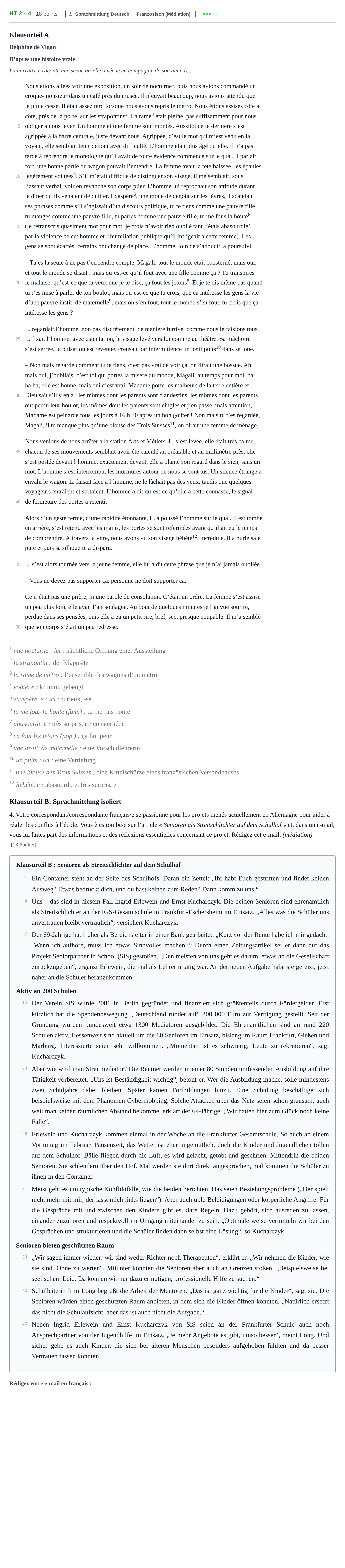 Aufgabenstellung: Aufgabe HT 2 - 4 · Abitur NRW Französisch LK · Haupttermin · fortgeführt 2021