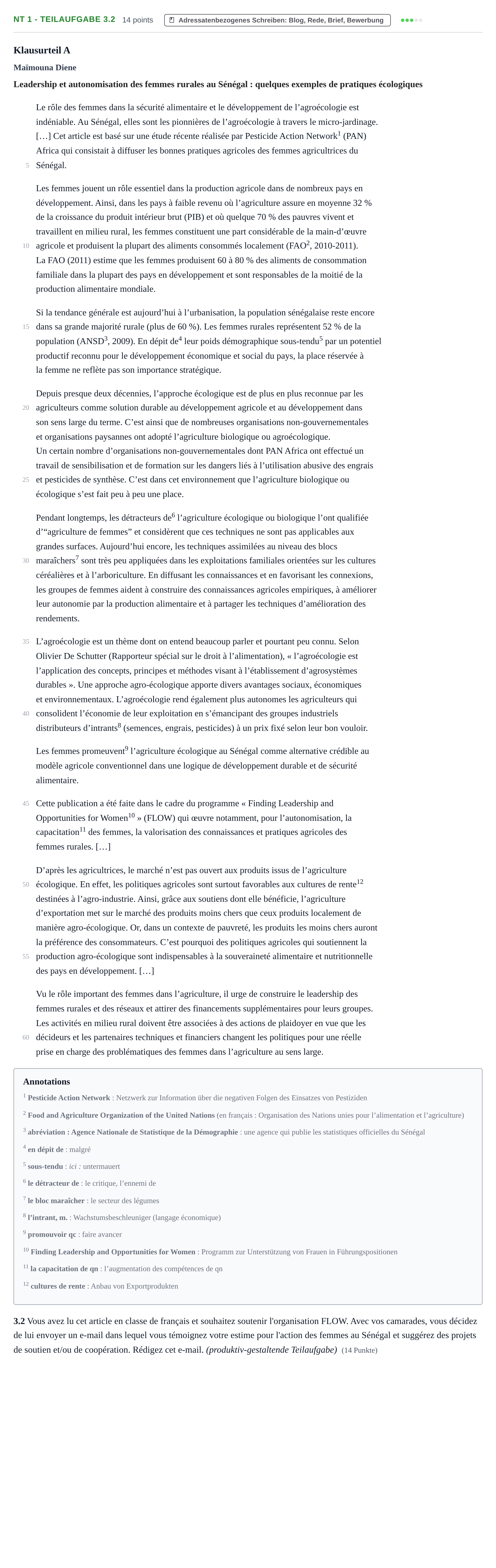 Aufgabenstellung: Aufgabe NT 1 - Teilaufgabe 3.2 · Abitur NRW Französisch LK · Nachtermin · fortgeführt 2021