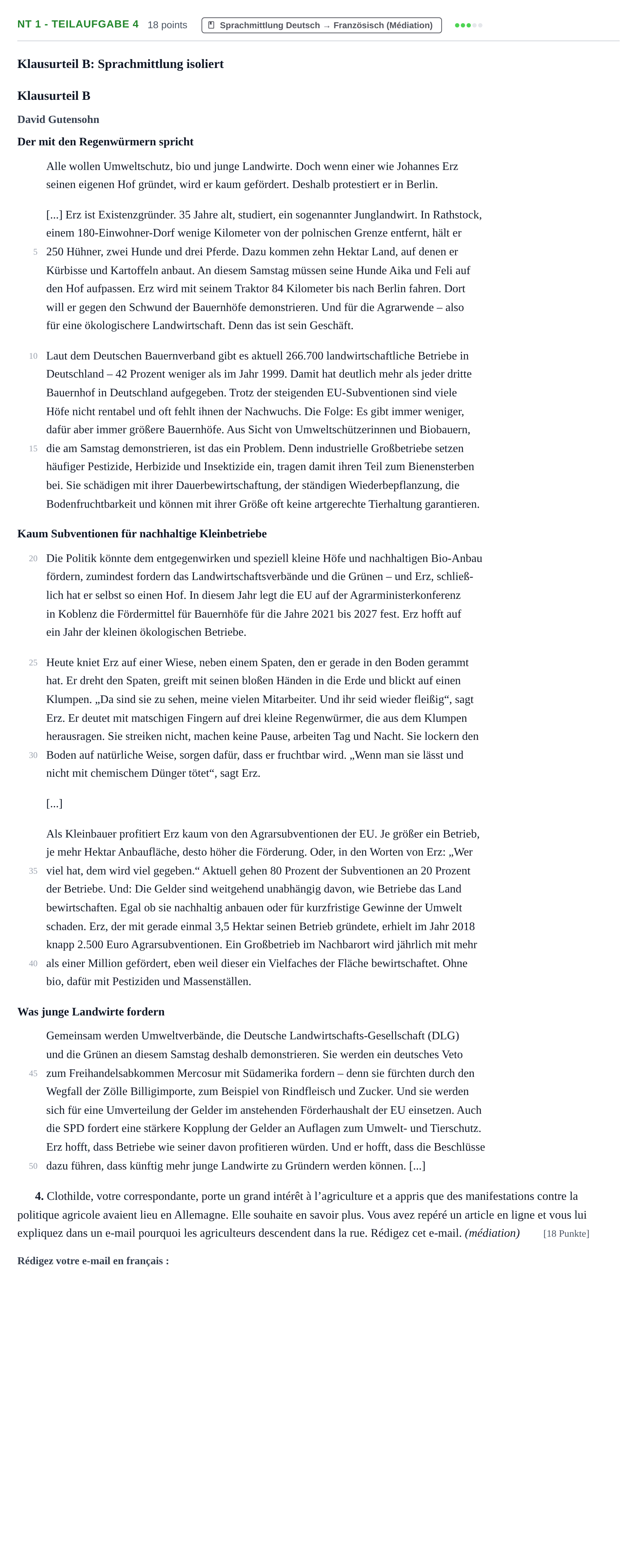 Aufgabenstellung: Aufgabe NT 1 - Teilaufgabe 4 · Abitur NRW Französisch LK · Nachtermin · fortgeführt 2021