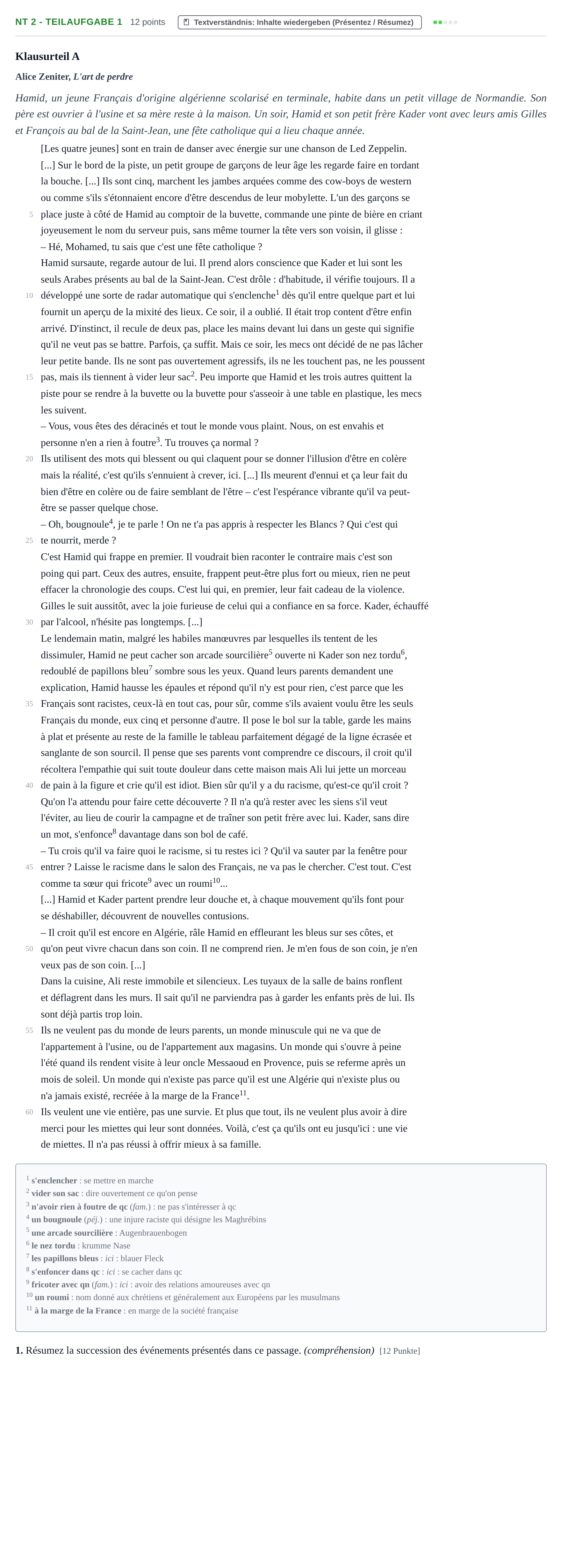 Aufgabenstellung: Aufgabe NT 2 - Teilaufgabe 1 · Abitur NRW Französisch LK · Nachtermin · fortgeführt 2021