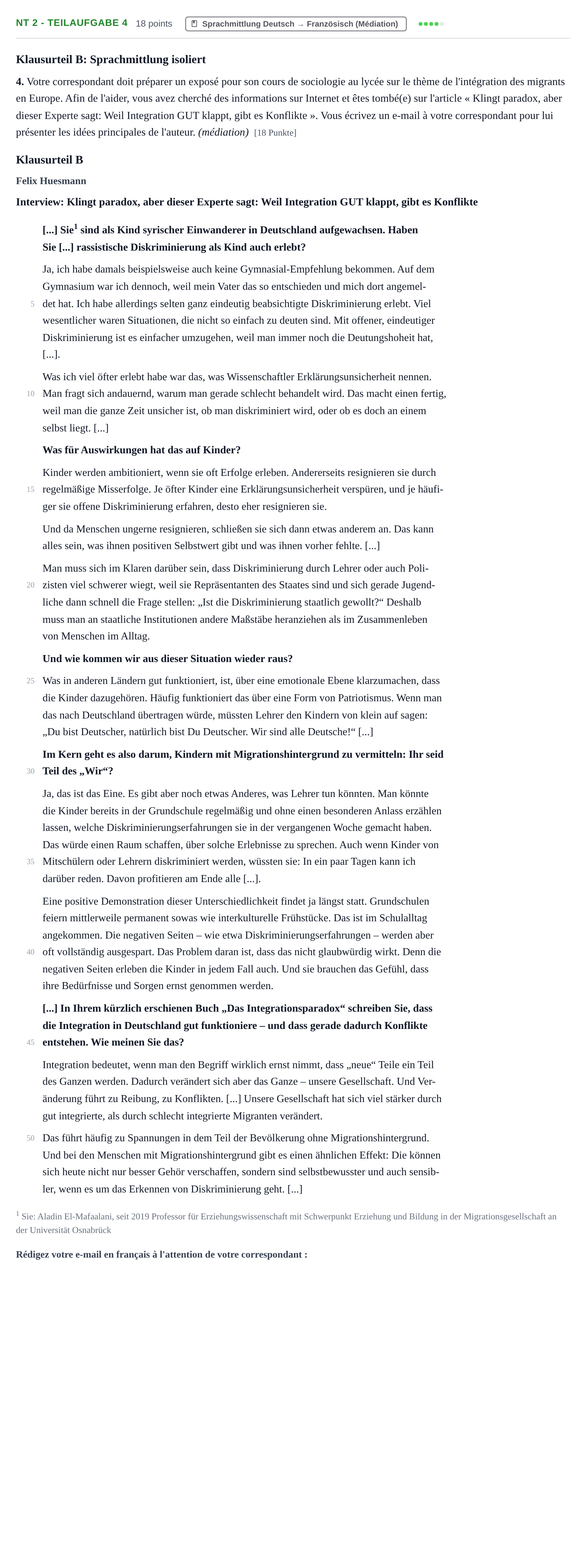Aufgabenstellung: Aufgabe NT 2 - Teilaufgabe 4 · Abitur NRW Französisch LK · Nachtermin · fortgeführt 2021