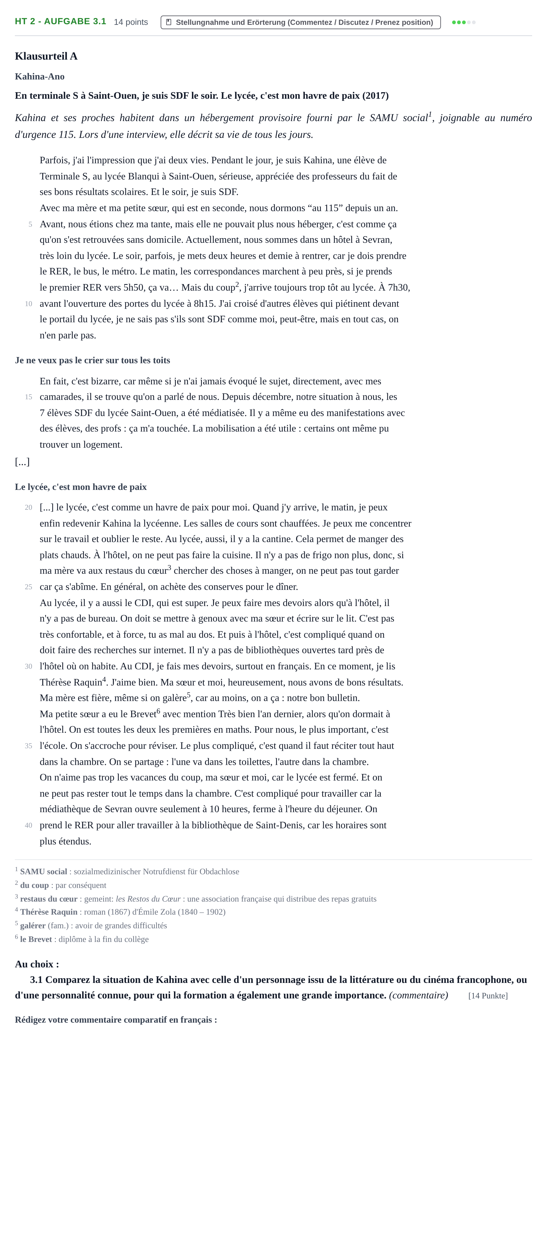 Aufgabenstellung: Aufgabe HT 2 - Aufgabe 3.1 · Abitur NRW Französisch GK · Haupttermin · fortgeführt 2022