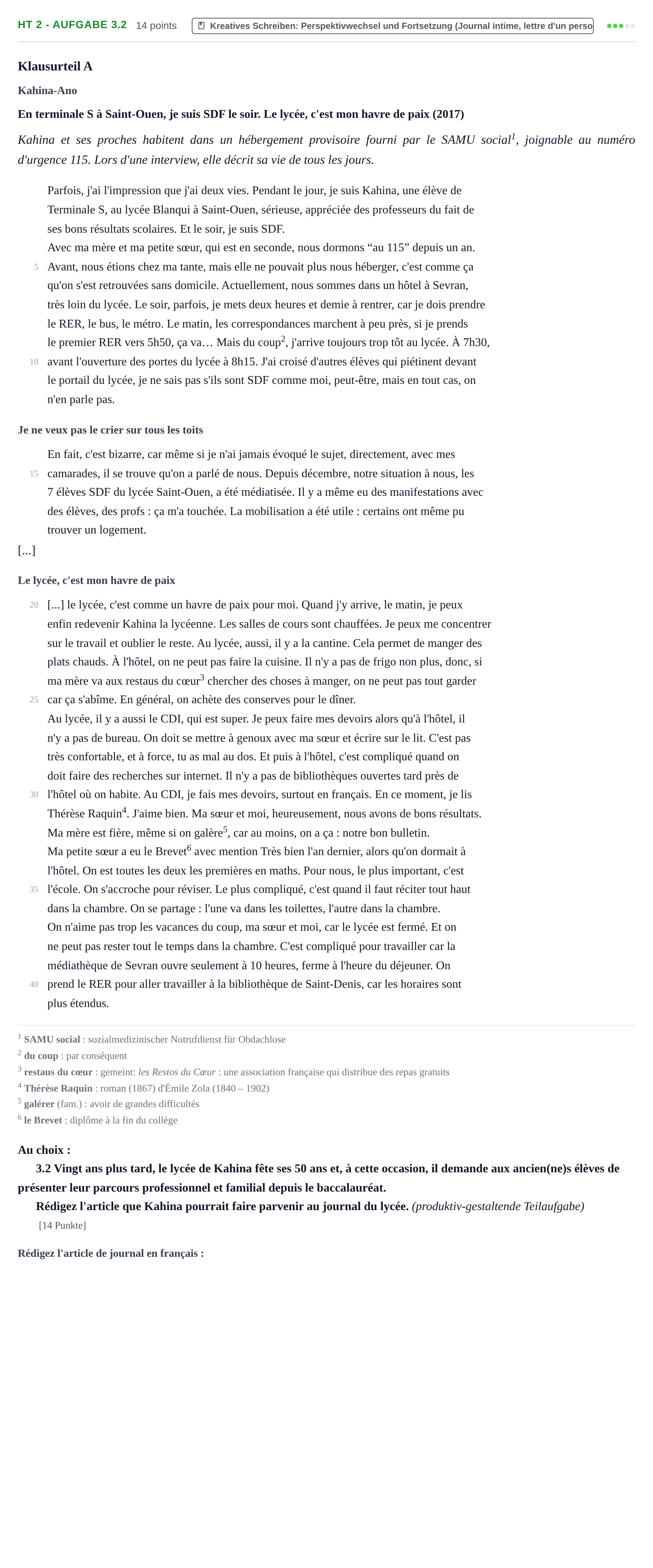 Aufgabenstellung: Aufgabe HT 2 - Aufgabe 3.2 · Abitur NRW Französisch GK · Haupttermin · fortgeführt 2022
