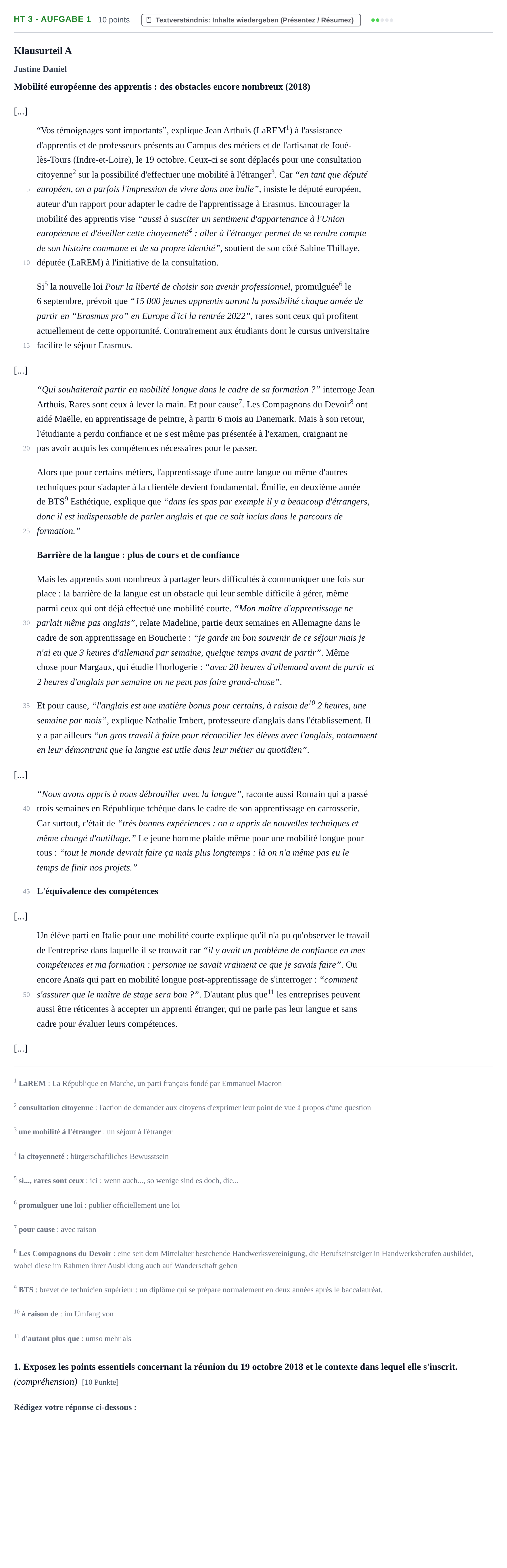Aufgabenstellung: Aufgabe HT 3 - Aufgabe 1 · Abitur NRW Französisch GK · Haupttermin · fortgeführt 2022