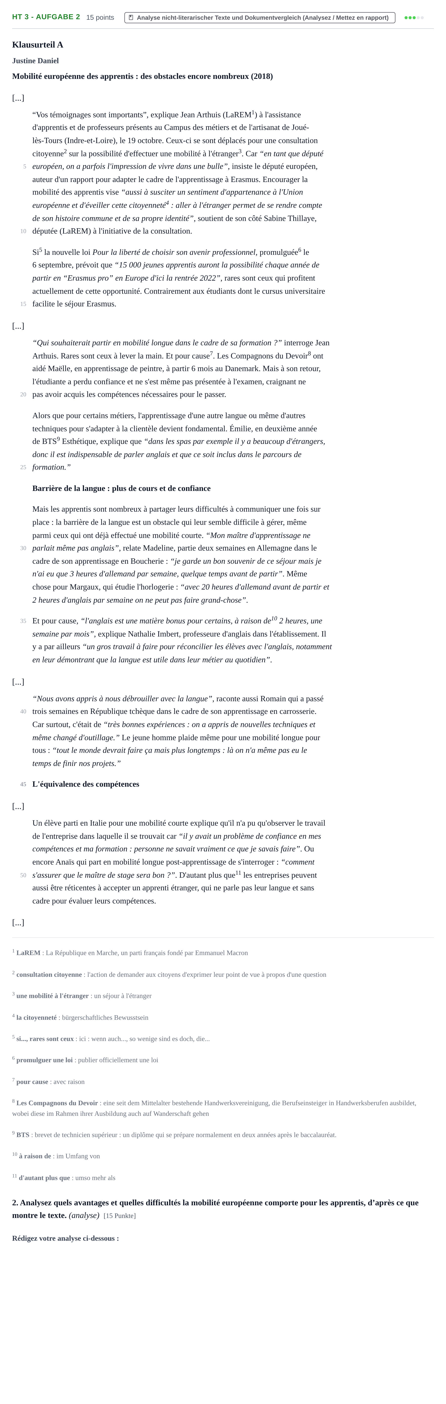 Aufgabenstellung: Aufgabe HT 3 - Aufgabe 2 · Abitur NRW Französisch GK · Haupttermin · fortgeführt 2022