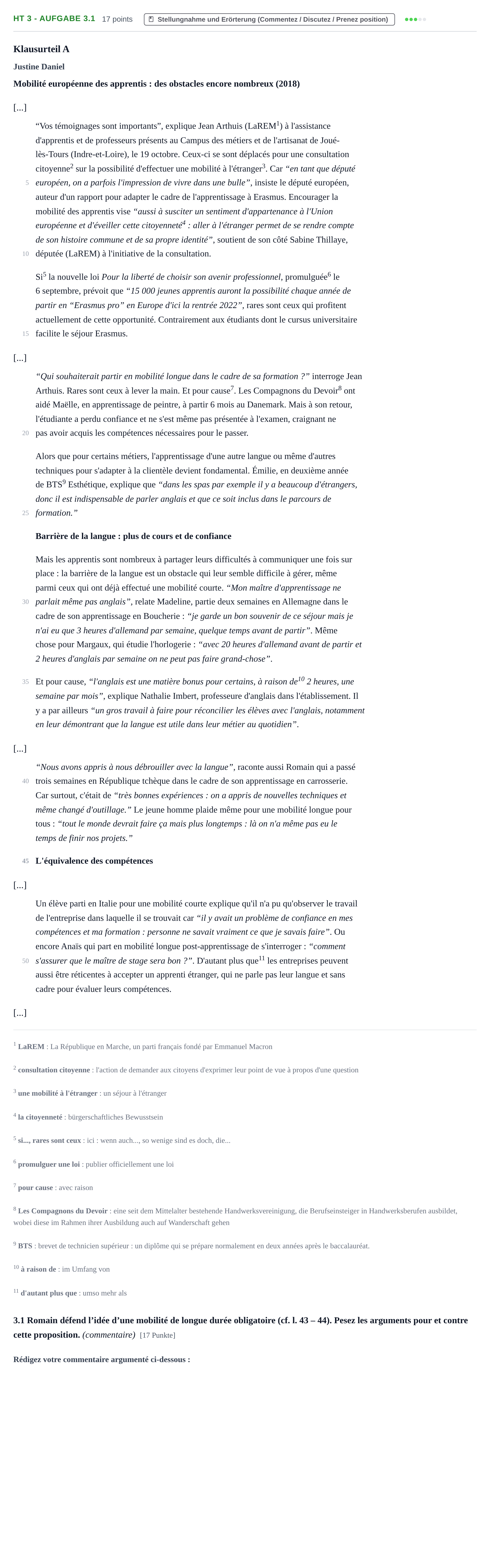 Aufgabenstellung: Aufgabe HT 3 - Aufgabe 3.1 · Abitur NRW Französisch GK · Haupttermin · fortgeführt 2022