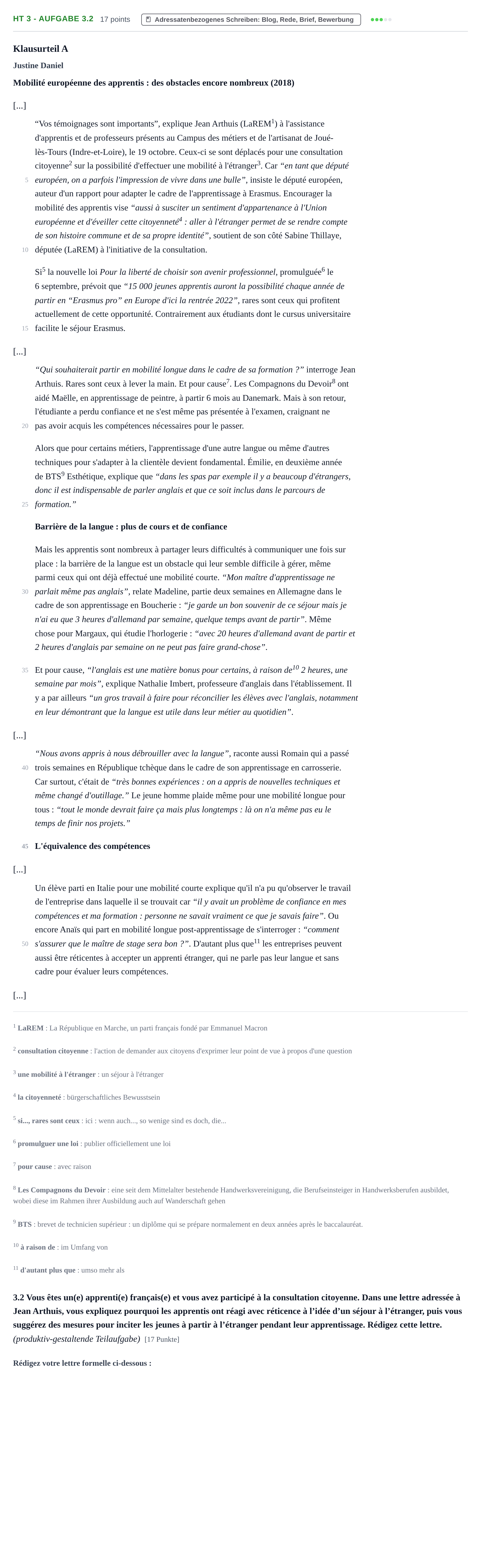 Aufgabenstellung: Aufgabe HT 3 - Aufgabe 3.2 · Abitur NRW Französisch GK · Haupttermin · fortgeführt 2022