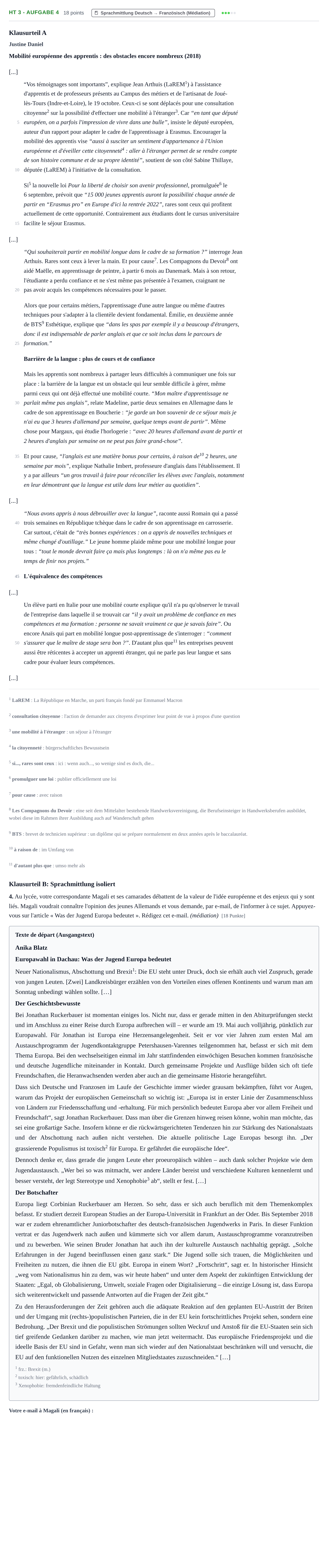 Aufgabenstellung: Aufgabe HT 3 - Aufgabe 4 · Abitur NRW Französisch GK · Haupttermin · fortgeführt 2022