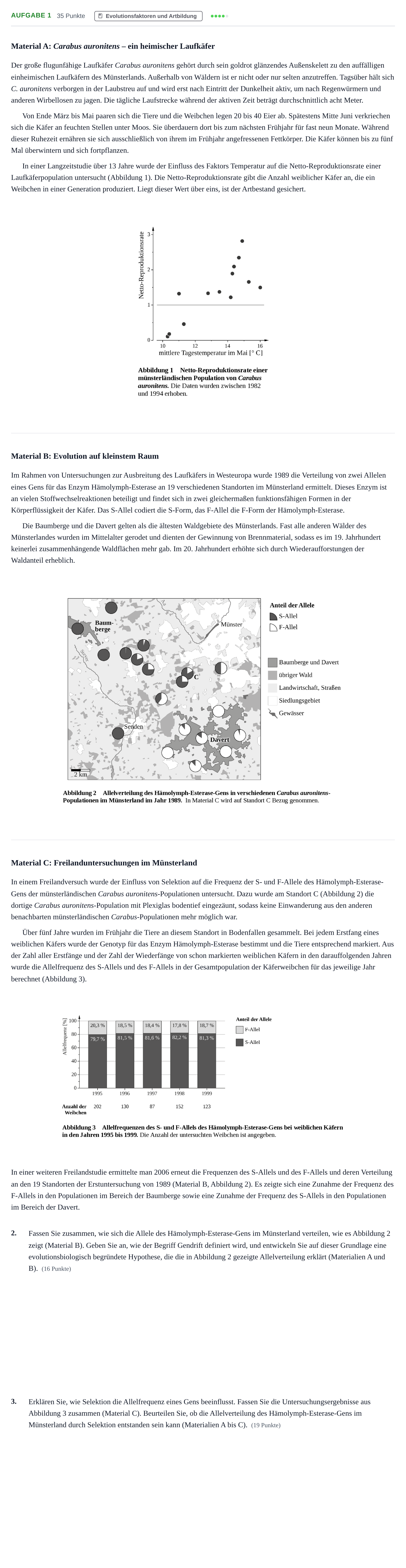 Aufgabenstellung: Aufgabe 1 - Evolutionsfaktoren und Artbildung · Abitur NRW Biologie GK · Haupttermin · Weiterbildungskolleg 2022