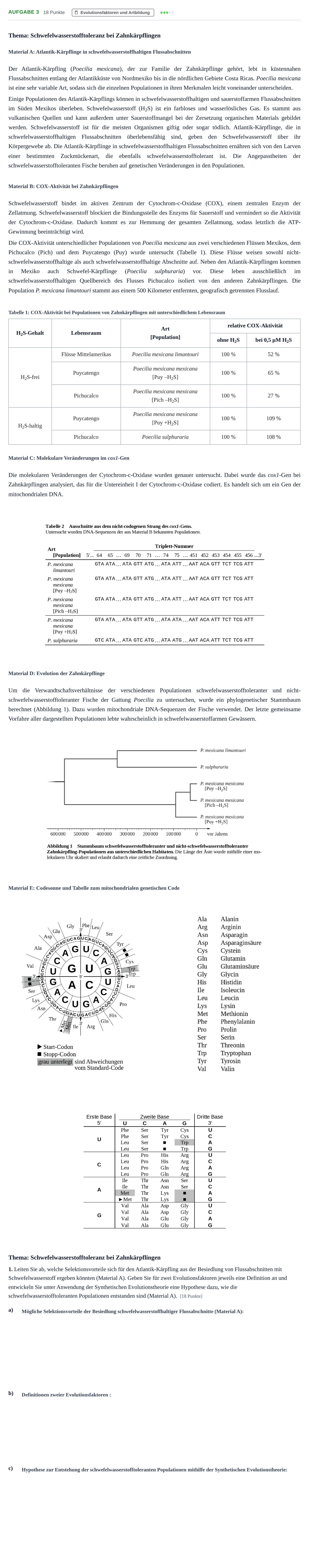 Aufgabenstellung: Aufgabe 3 - Evolutionsfaktoren und Artbildung · Abitur NRW Biologie GK · Haupttermin · Weiterbildungskolleg 2022