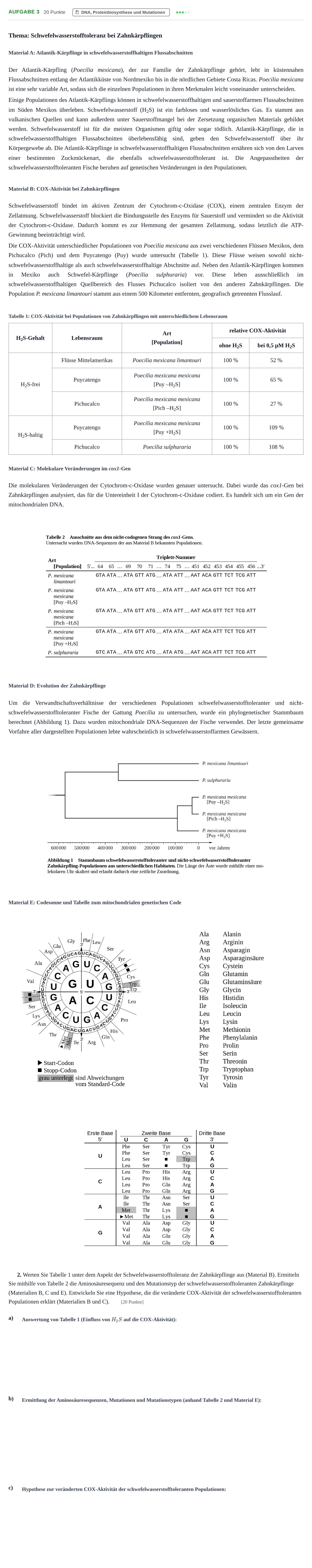Aufgabenstellung: Aufgabe 3 - DNA, Proteinbiosynthese und Mutationen · Abitur NRW Biologie GK · Haupttermin · Weiterbildungskolleg 2022