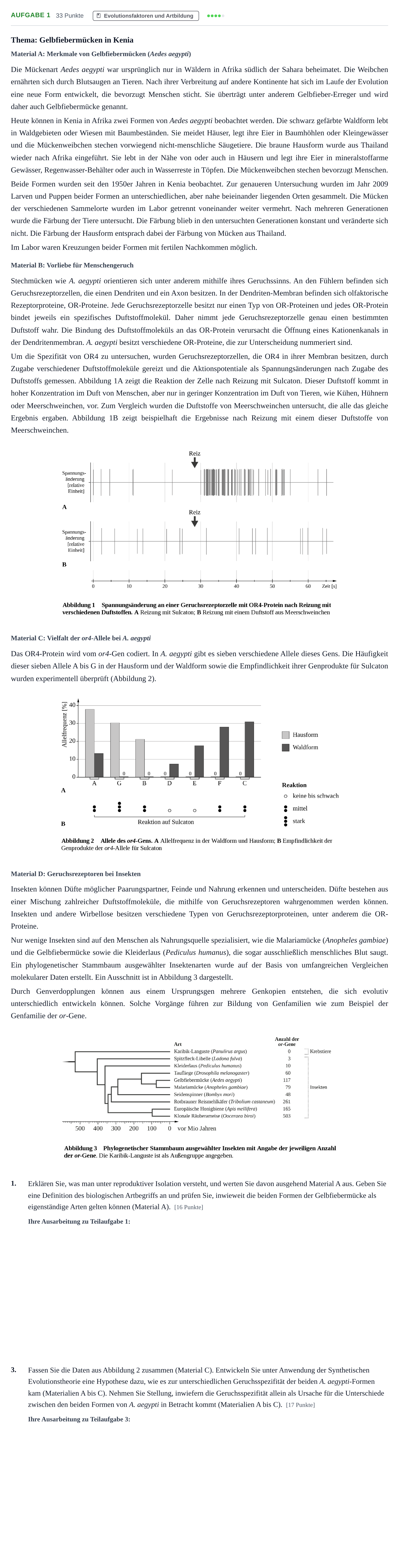 Aufgabenstellung: Aufgabe 1 - Evolutionsfaktoren und Artbildung · Abitur NRW Biologie LK · Nachtermin 2022
