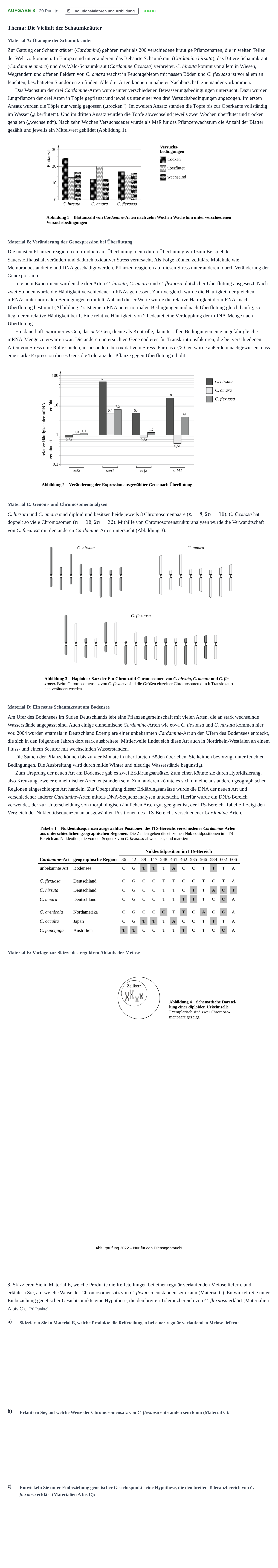 Aufgabenstellung: Aufgabe 3 - Evolutionsfaktoren und Artbildung · Abitur NRW Biologie LK · Nachtermin 2022