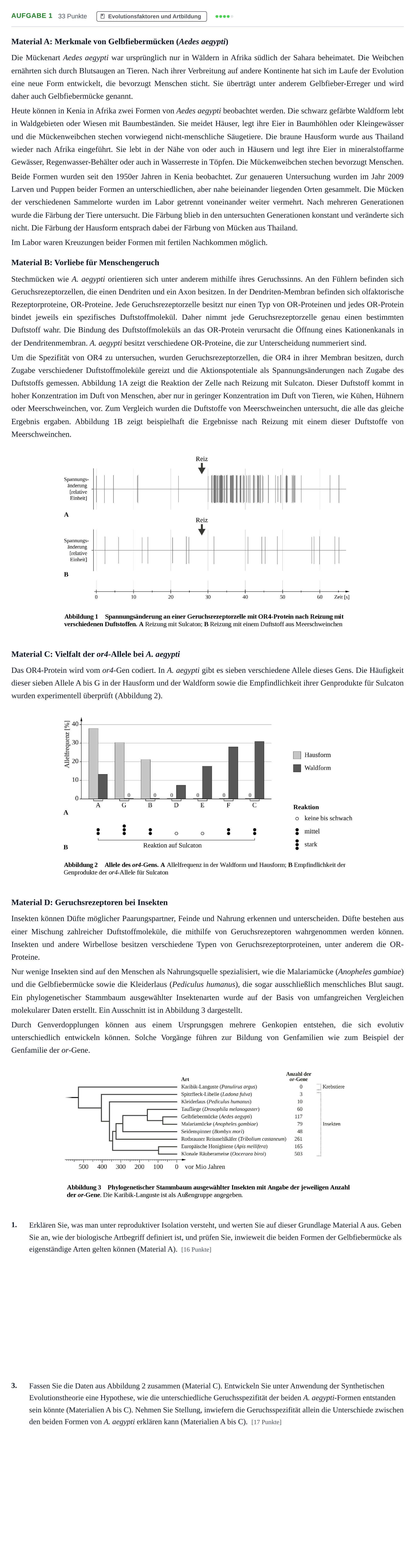Aufgabenstellung: Aufgabe 1 - Evolutionsfaktoren und Artbildung · Abitur NRW Biologie LK · Nachtermin · Weiterbildungskolleg 2022