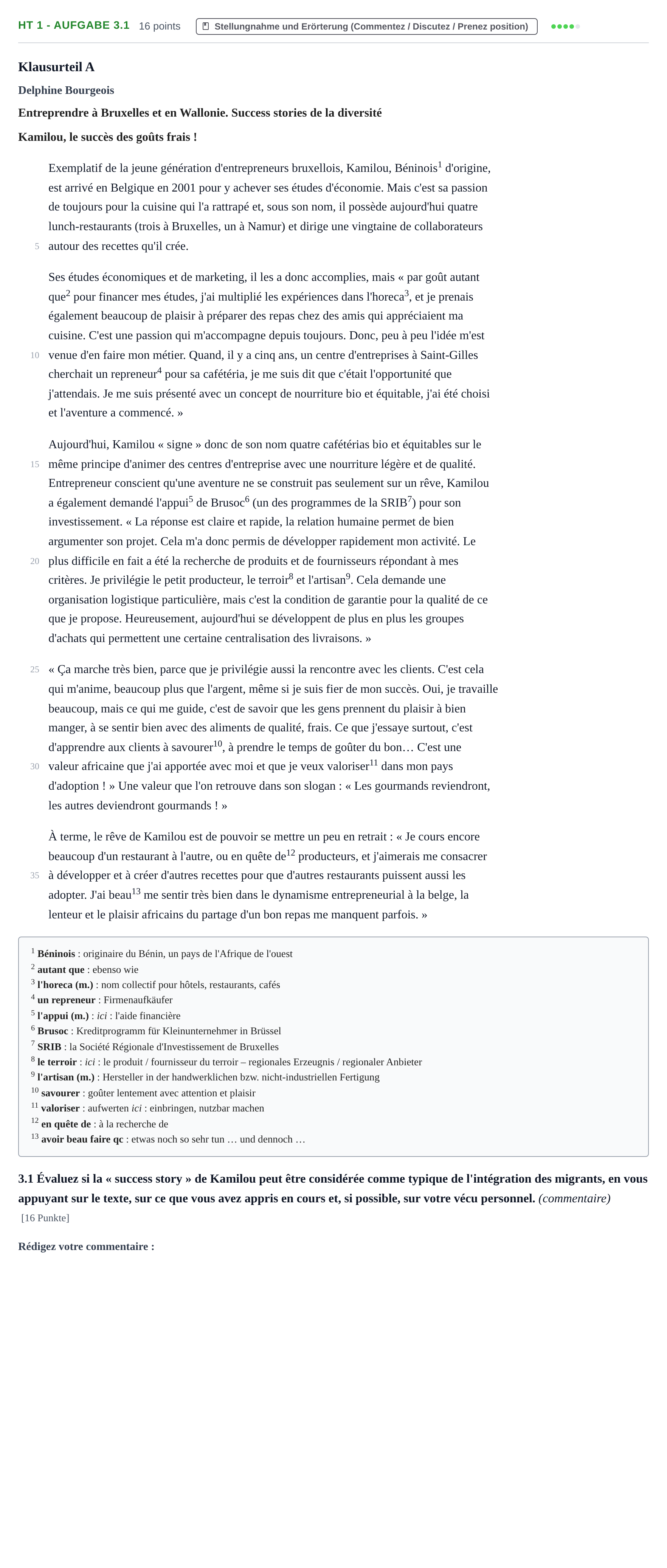 Aufgabenstellung: Aufgabe HT 1 - Aufgabe 3.1 · Abitur NRW Französisch GK · Haupttermin · neu einsetzend 2022