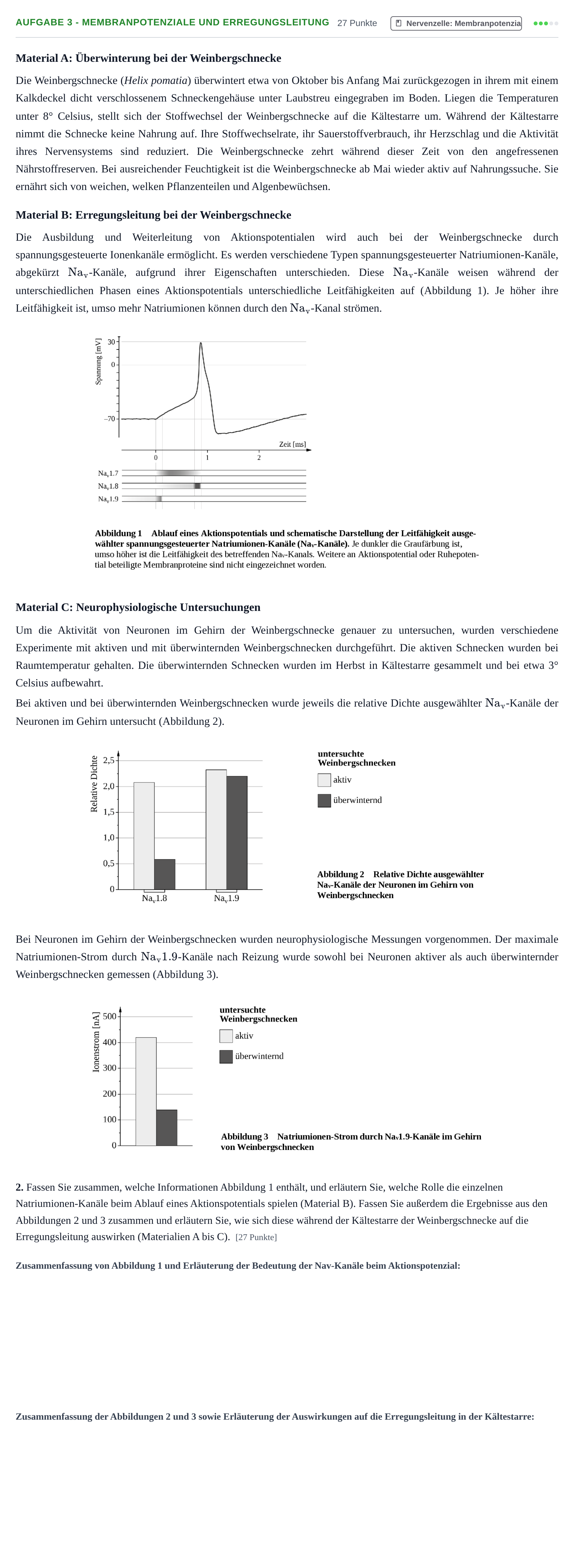 Aufgabenstellung: Aufgabe 3 - Membranpotenziale und Erregungsleitung · Abitur NRW Biologie GK · Haupttermin · Weiterbildungskolleg 2023