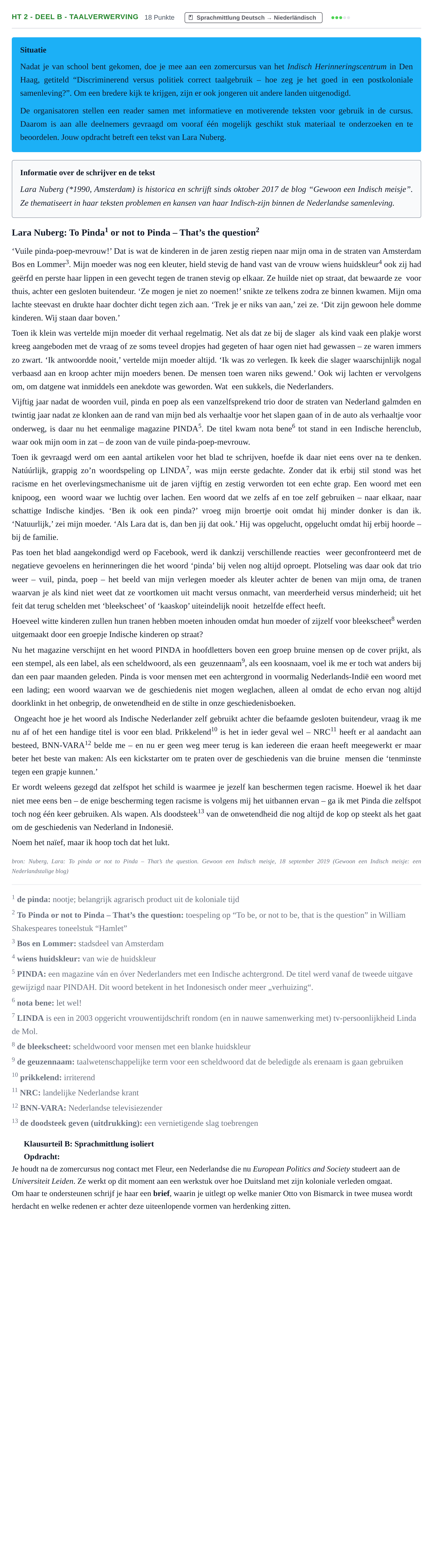 Aufgabenstellung: Aufgabe HT 2 - Deel B - Taalverwerving · Abitur NRW Niederländisch GK · Haupttermin · fortgeführt 2021