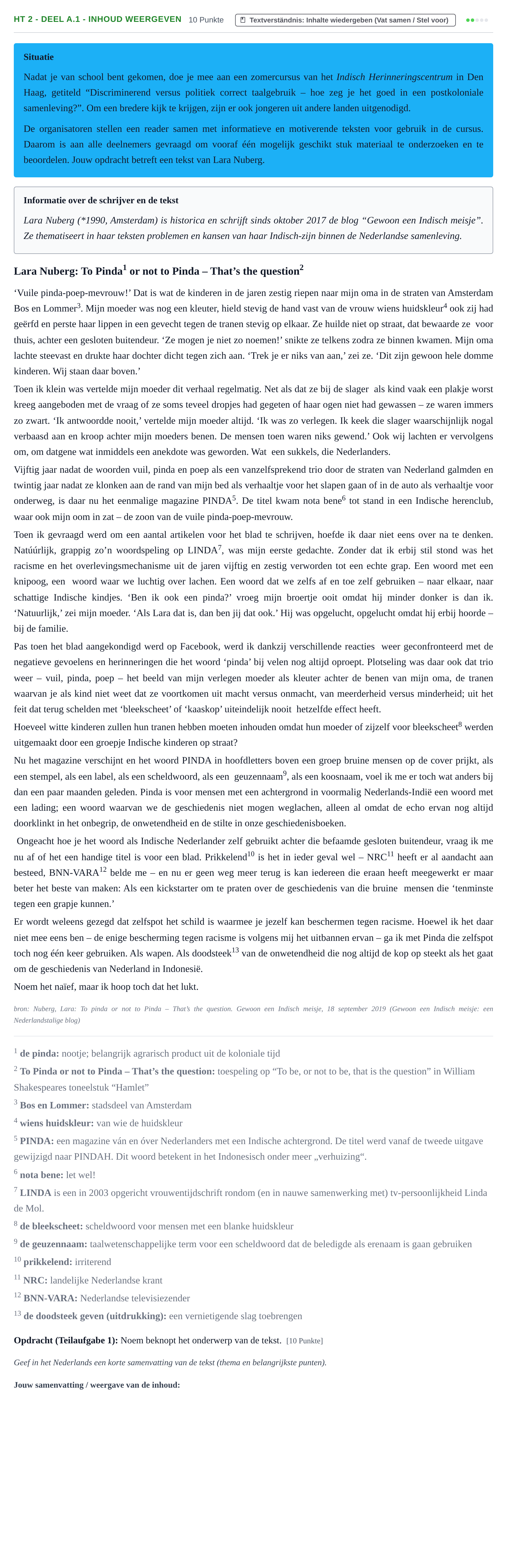 Aufgabenstellung: Aufgabe HT 2 - Deel A.1 - Inhoud weergeven · Abitur NRW Niederländisch GK · Haupttermin · fortgeführt 2021