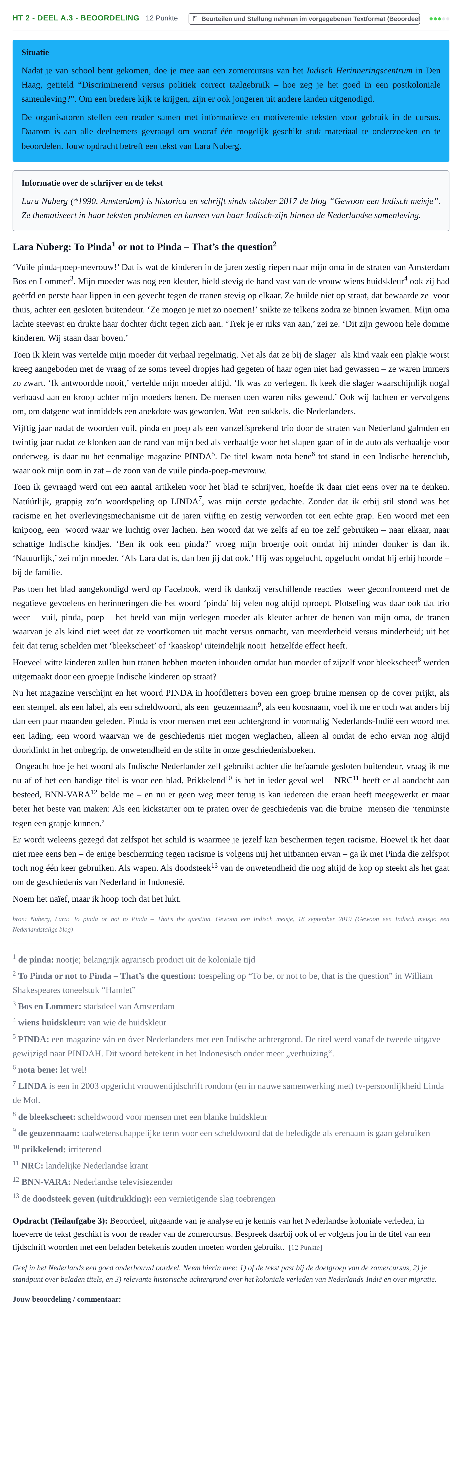 Aufgabenstellung: Aufgabe HT 2 - Deel A.3 - Beoordeling · Abitur NRW Niederländisch GK · Haupttermin · fortgeführt 2021