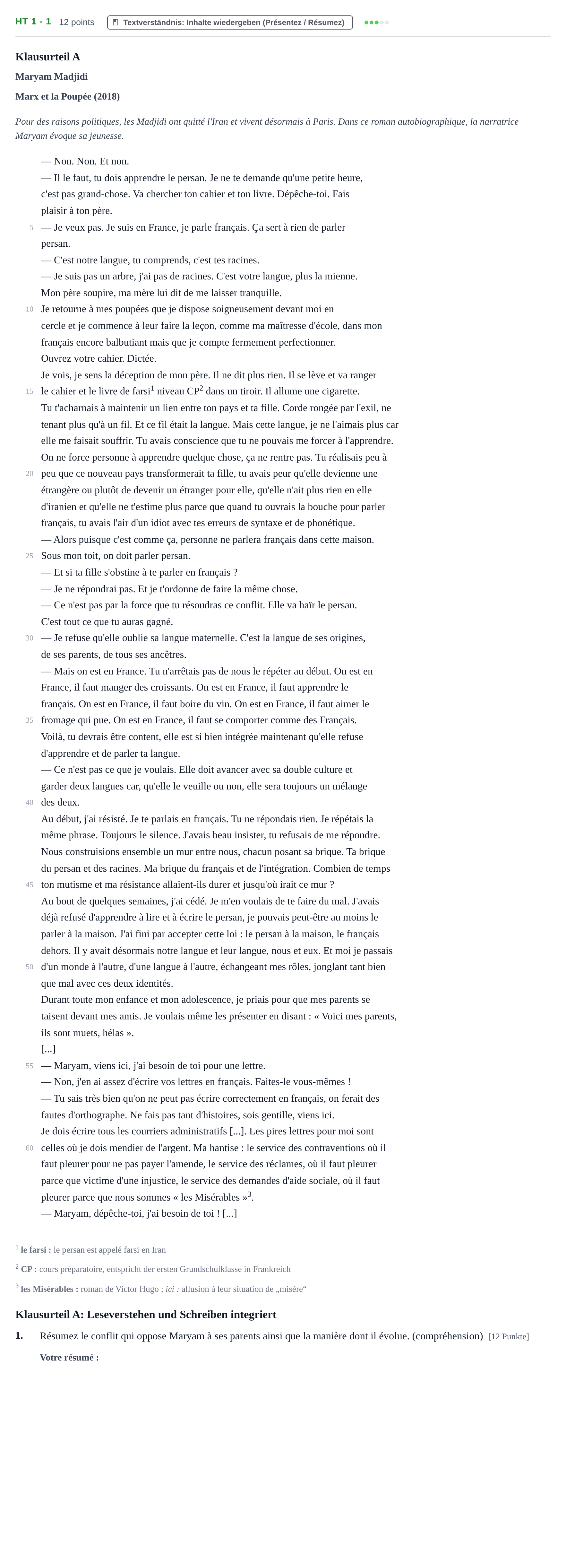 Aufgabenstellung: Aufgabe HT 1 - 1 · Abitur NRW Französisch LK · Haupttermin · fortgeführt 2022