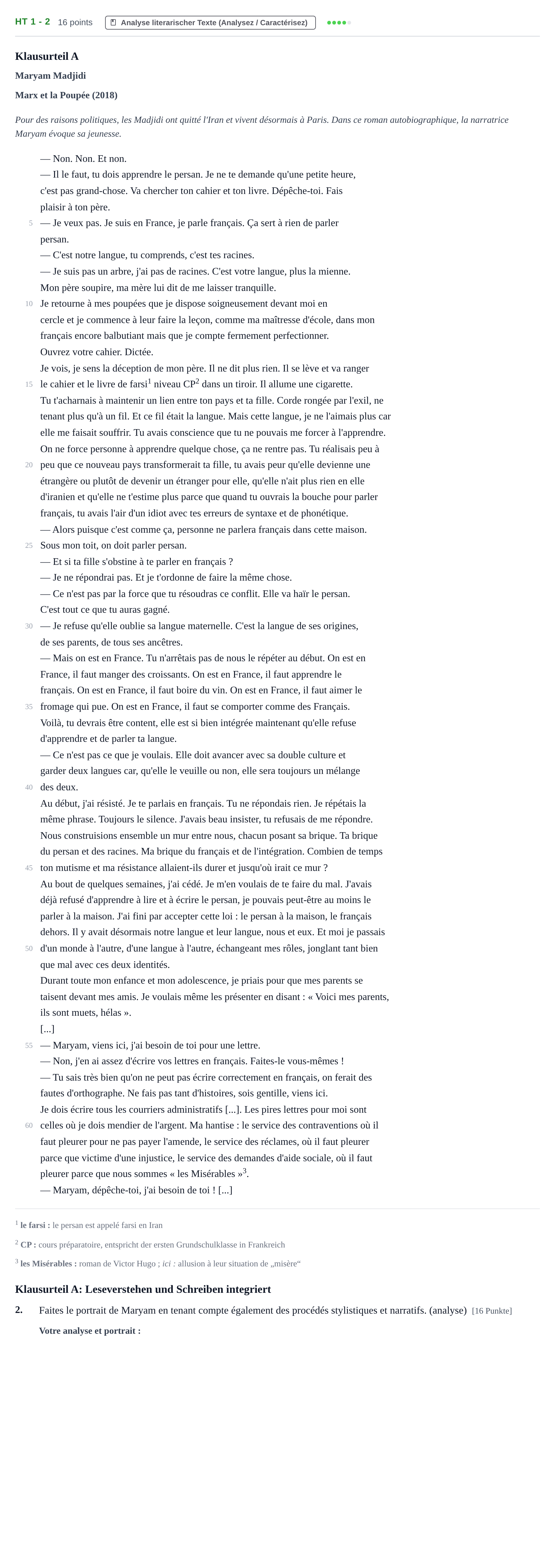 Aufgabenstellung: Aufgabe HT 1 - 2 · Abitur NRW Französisch LK · Haupttermin · fortgeführt 2022