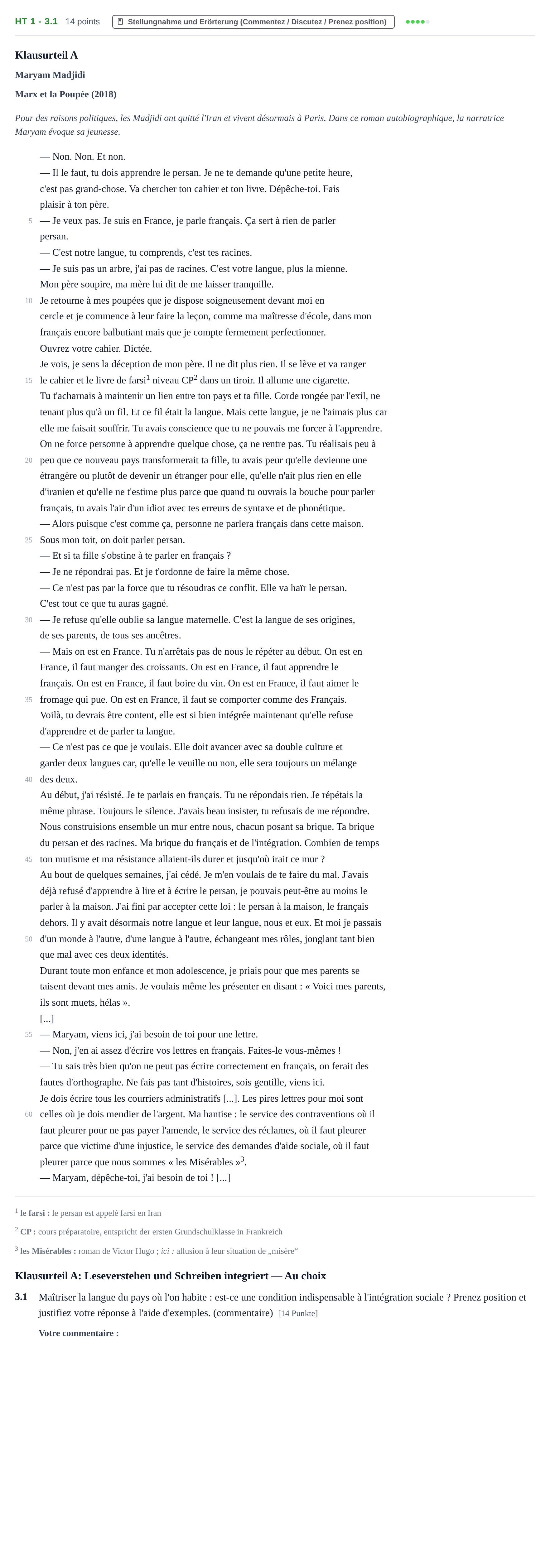 Aufgabenstellung: Aufgabe HT 1 - 3.1 · Abitur NRW Französisch LK · Haupttermin · fortgeführt 2022