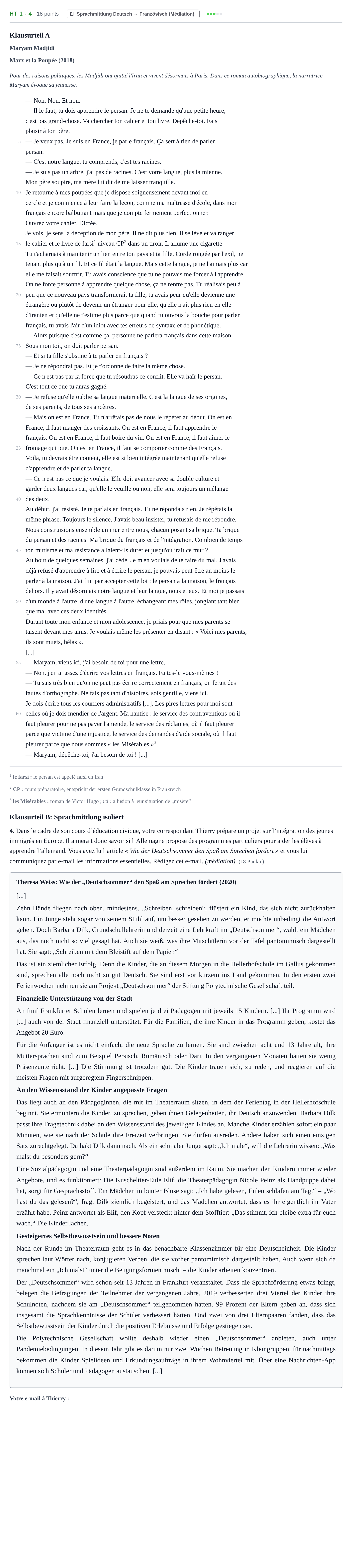 Aufgabenstellung: Aufgabe HT 1 - 4 · Abitur NRW Französisch LK · Haupttermin · fortgeführt 2022
