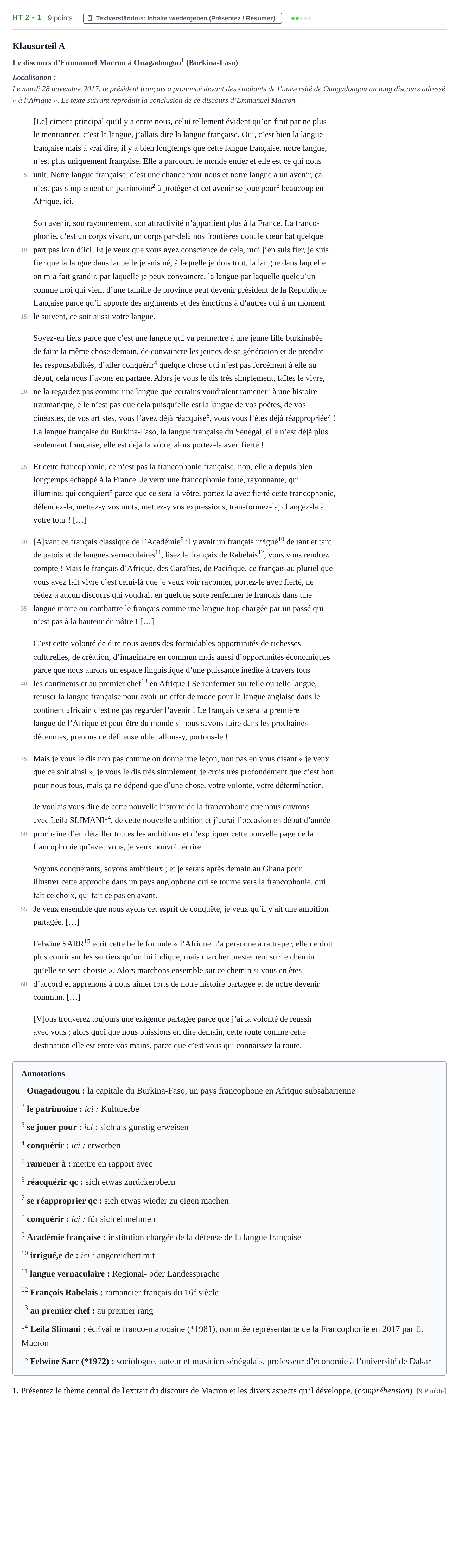 Aufgabenstellung: Aufgabe HT 2 - 1 · Abitur NRW Französisch LK · Haupttermin · fortgeführt 2022