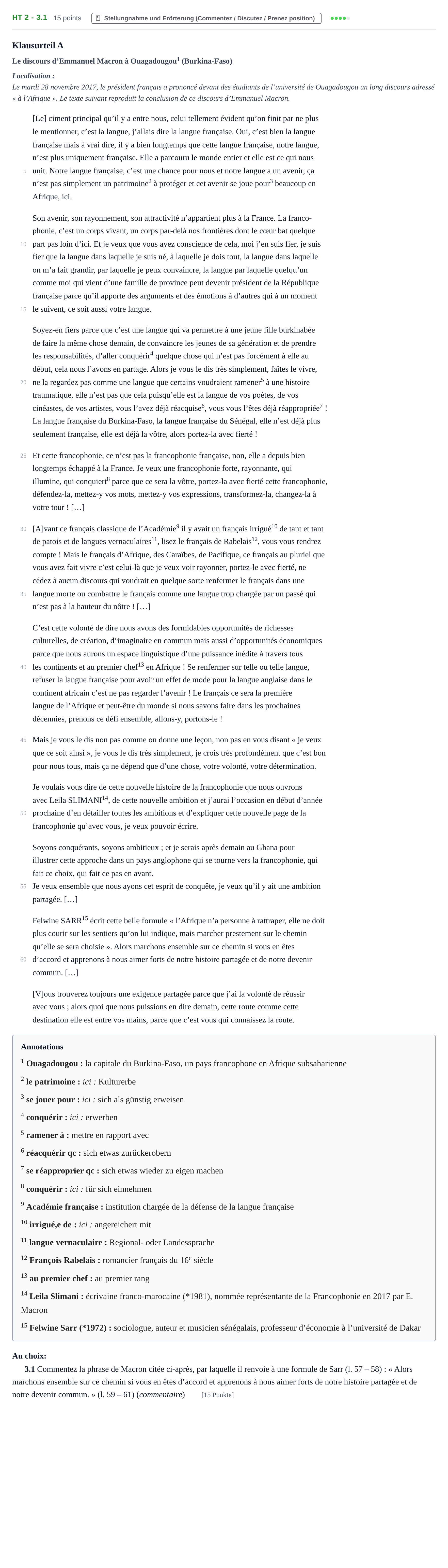 Aufgabenstellung: Aufgabe HT 2 - 3.1 · Abitur NRW Französisch LK · Haupttermin · fortgeführt 2022