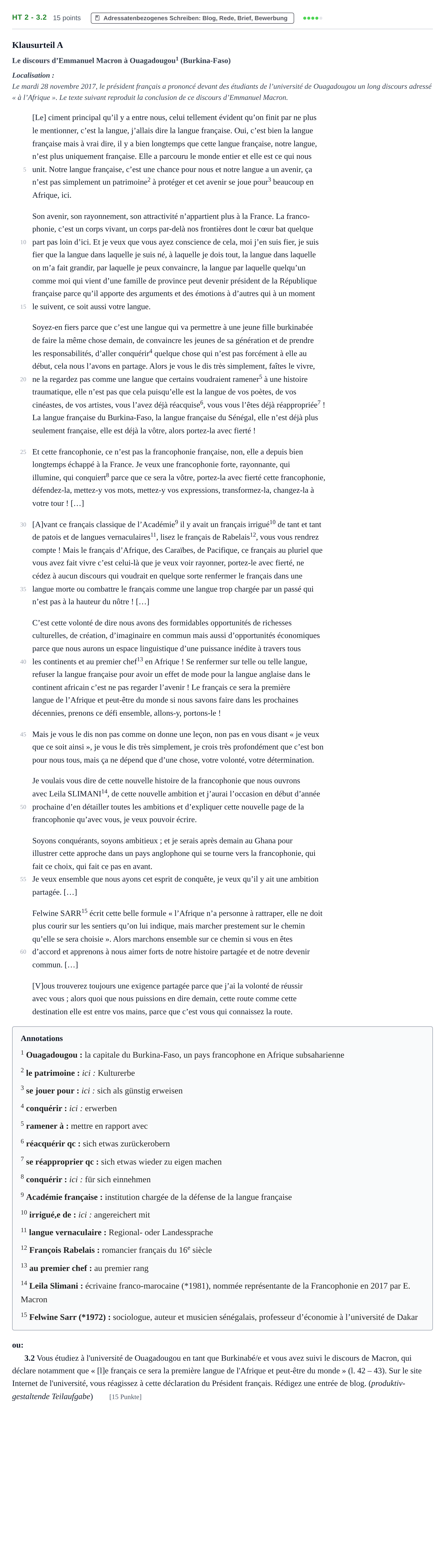 Aufgabenstellung: Aufgabe HT 2 - 3.2 · Abitur NRW Französisch LK · Haupttermin · fortgeführt 2022
