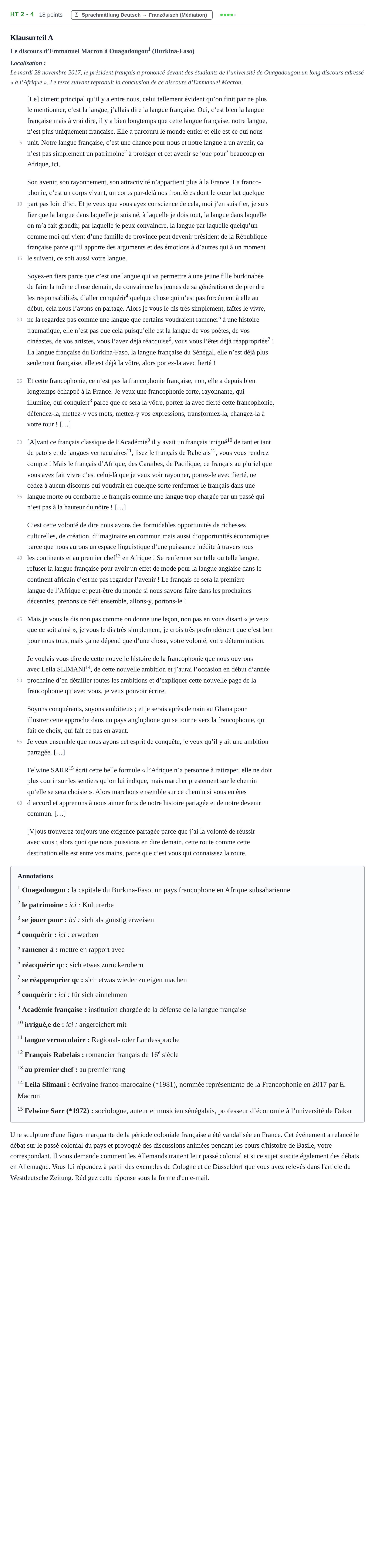 Aufgabenstellung: Aufgabe HT 2 - 4 · Abitur NRW Französisch LK · Haupttermin · fortgeführt 2022