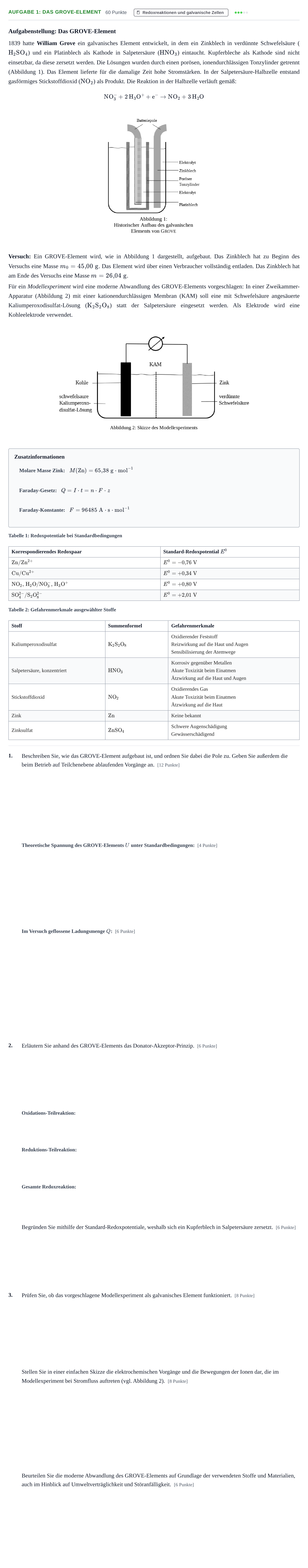 Aufgabenstellung: Aufgabe 1: Das GROVE-Element · Abitur NRW Chemie GK · Haupttermin 2021