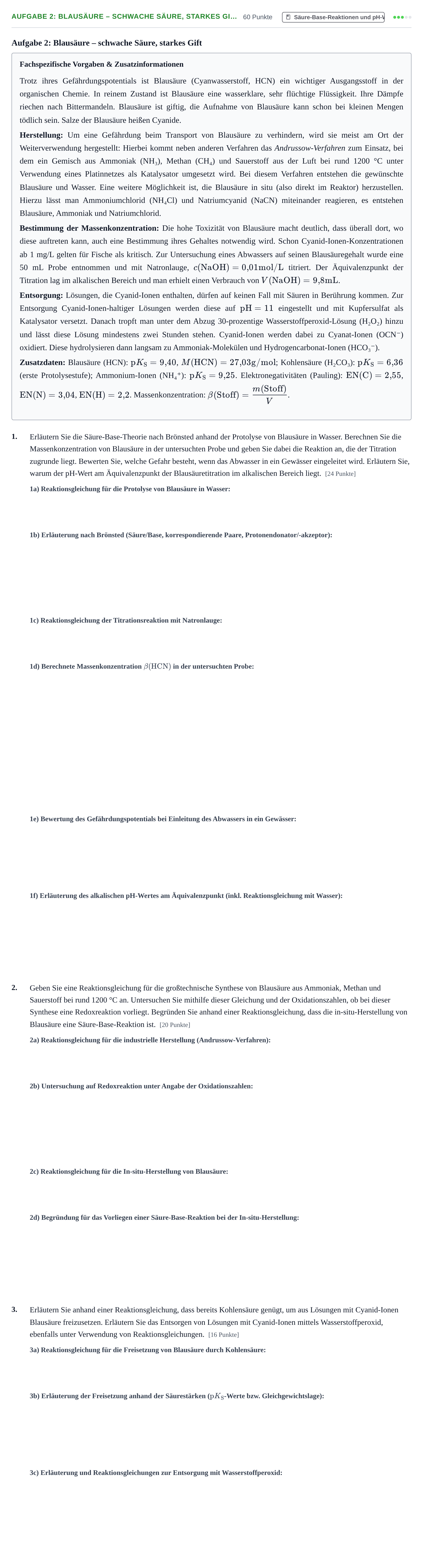 Aufgabenstellung: Aufgabe 2: Blausäure – schwache Säure, starkes Gi… · Abitur NRW Chemie GK · Haupttermin 2021