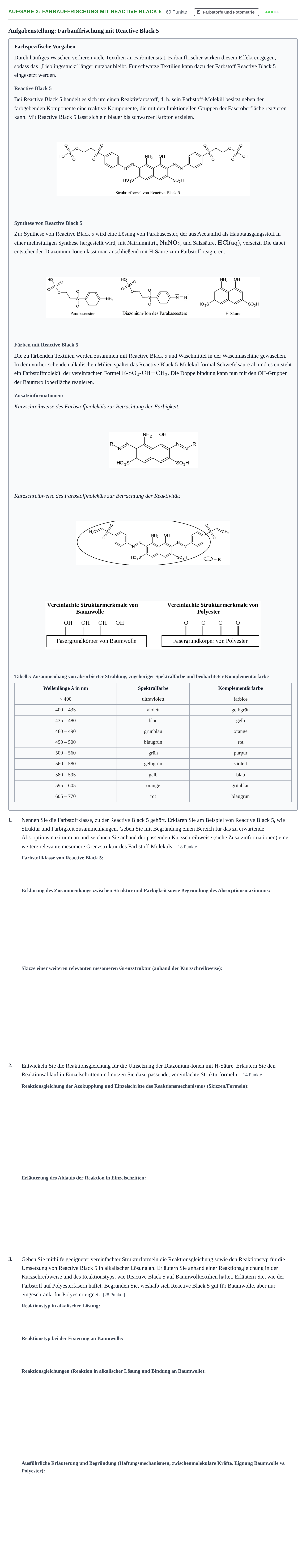 Aufgabenstellung: Aufgabe 3: Farbauffrischung mit Reactive Black 5 · Abitur NRW Chemie GK · Haupttermin 2021