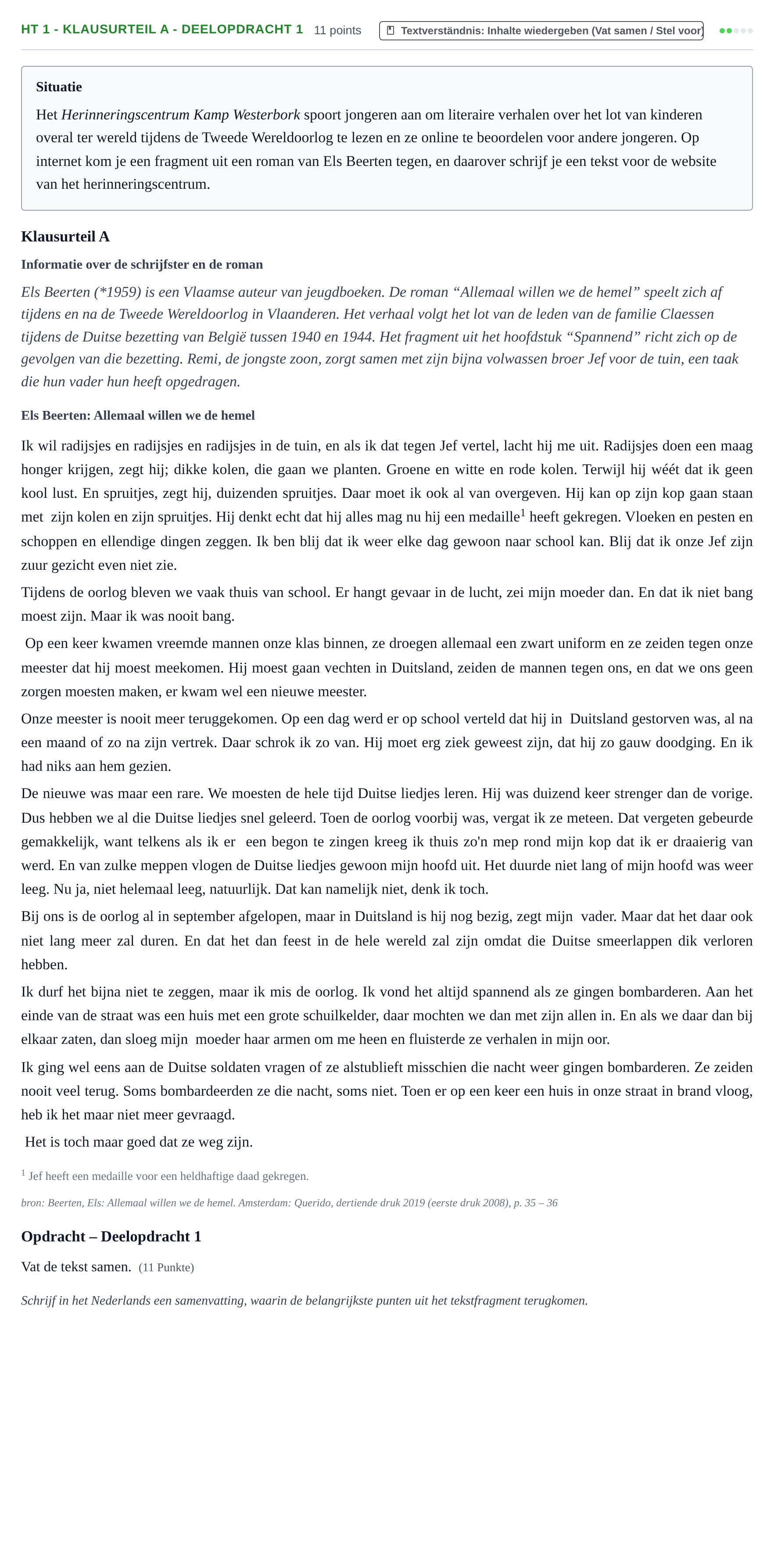 Aufgabenstellung: Aufgabe HT 1 - Klausurteil A - Deelopdracht 1 · Abitur NRW Niederländisch GK · Haupttermin · neu einsetzend 2021