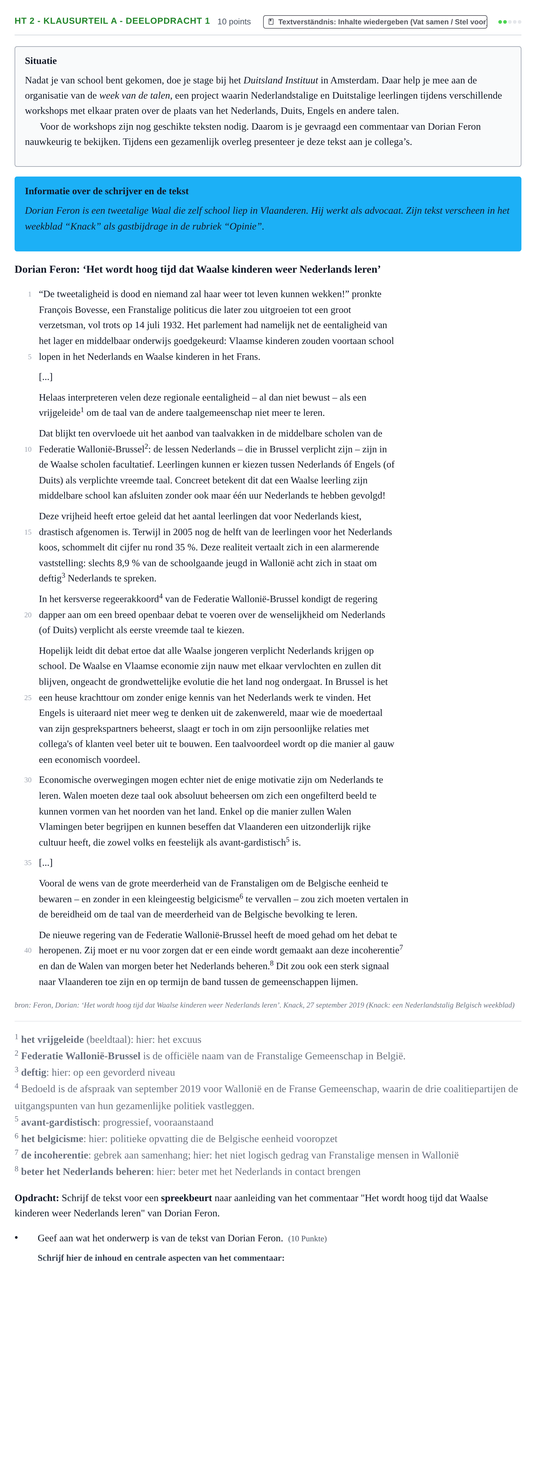 Aufgabenstellung: Aufgabe HT 2 - Klausurteil A - Deelopdracht 1 · Abitur NRW Niederländisch GK · Haupttermin · neu einsetzend 2021