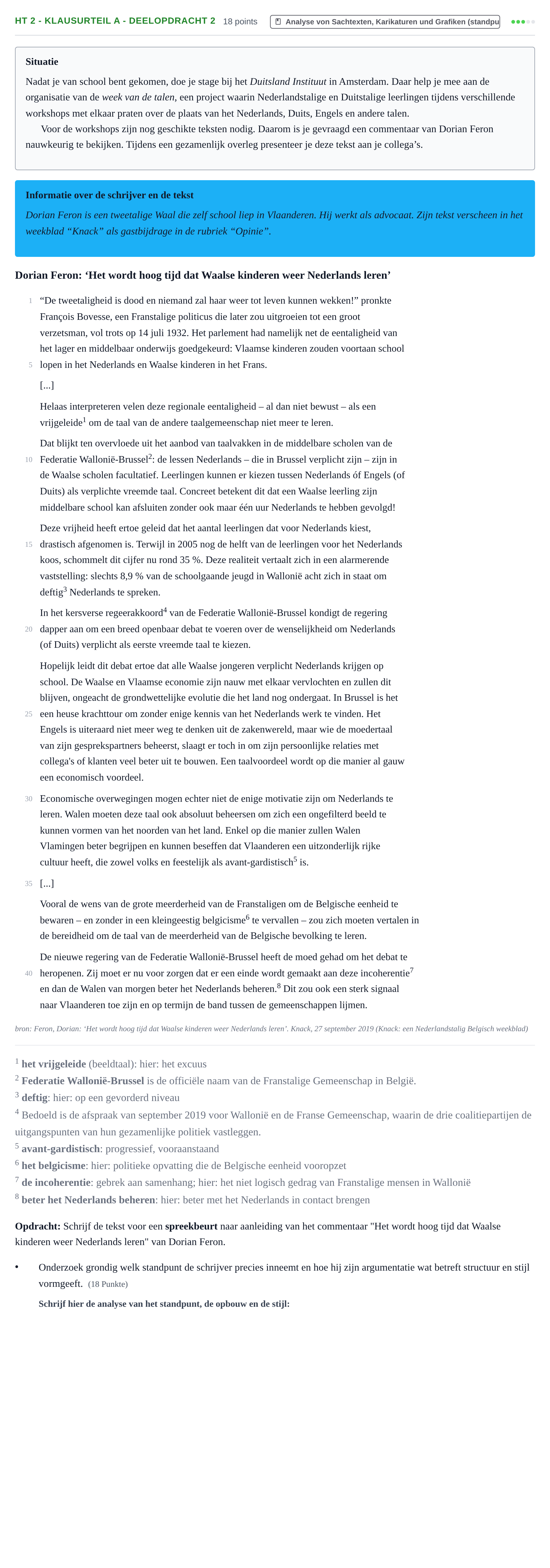 Aufgabenstellung: Aufgabe HT 2 - Klausurteil A - Deelopdracht 2 · Abitur NRW Niederländisch GK · Haupttermin · neu einsetzend 2021
