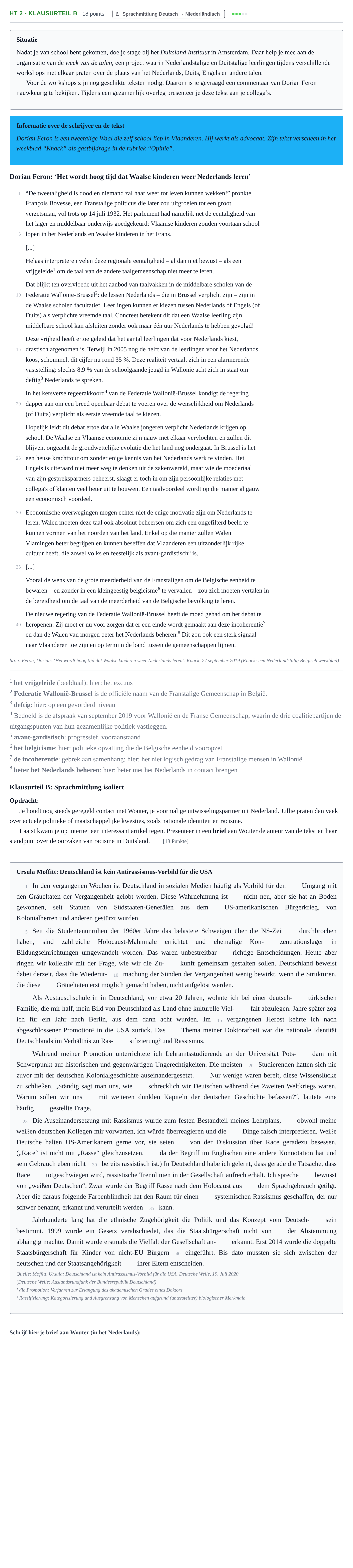Aufgabenstellung: Aufgabe HT 2 - Klausurteil B · Abitur NRW Niederländisch GK · Haupttermin · neu einsetzend 2021