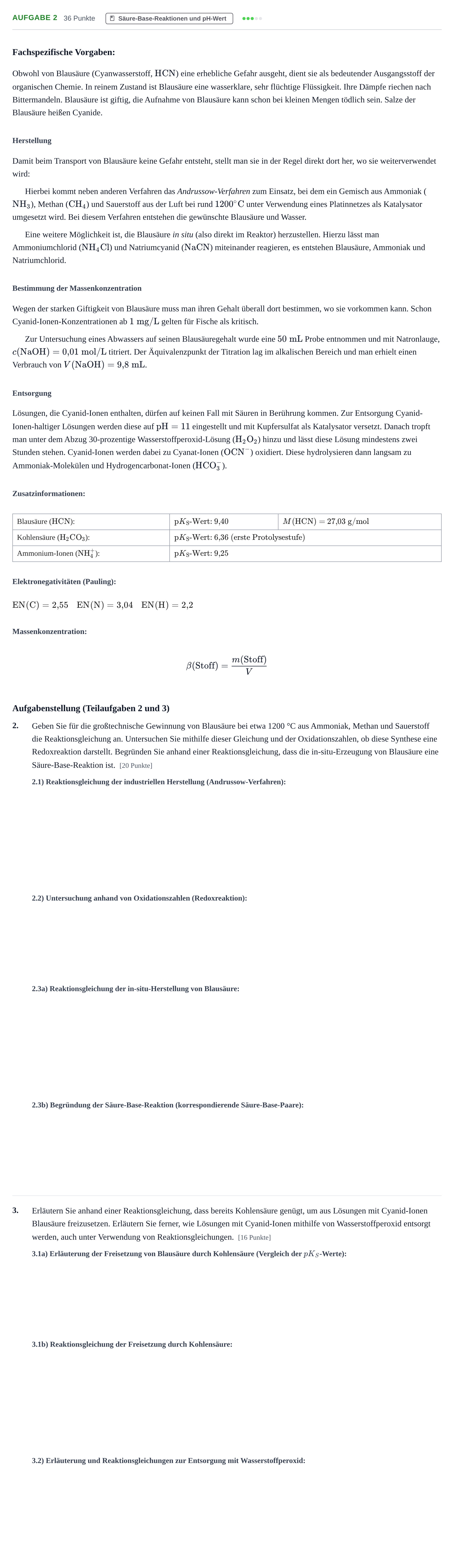 Aufgabenstellung: Aufgabe 2 - Säure-Base-Reaktionen und pH-Wert · Abitur NRW Chemie GK · Haupttermin · Weiterbildungskolleg 2021