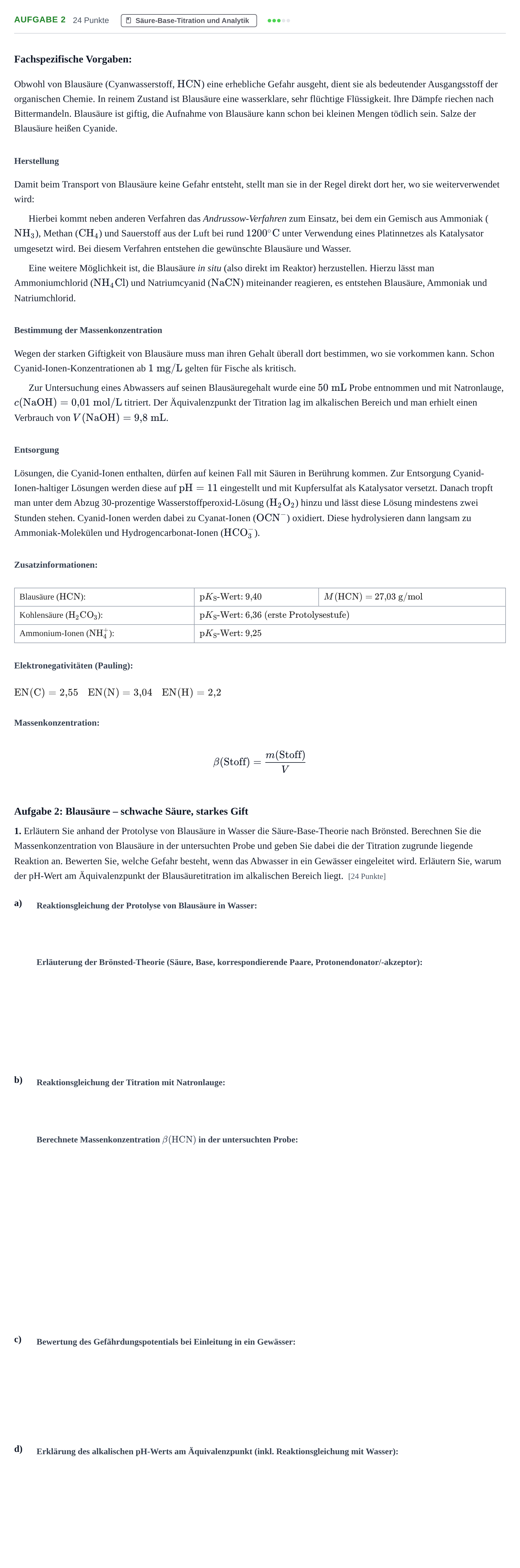 Aufgabenstellung: Aufgabe 2 - Säure-Base-Titration und Analytik · Abitur NRW Chemie GK · Haupttermin · Weiterbildungskolleg 2021
