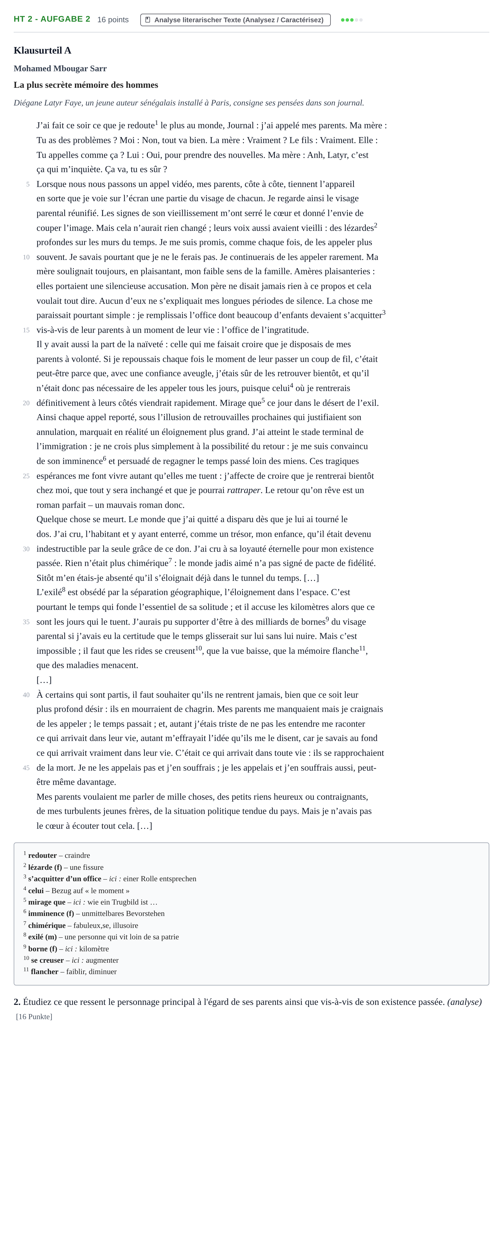 Aufgabenstellung: Aufgabe HT 2 - Aufgabe 2 · Abitur NRW Französisch GK · Haupttermin · fortgeführt 2023