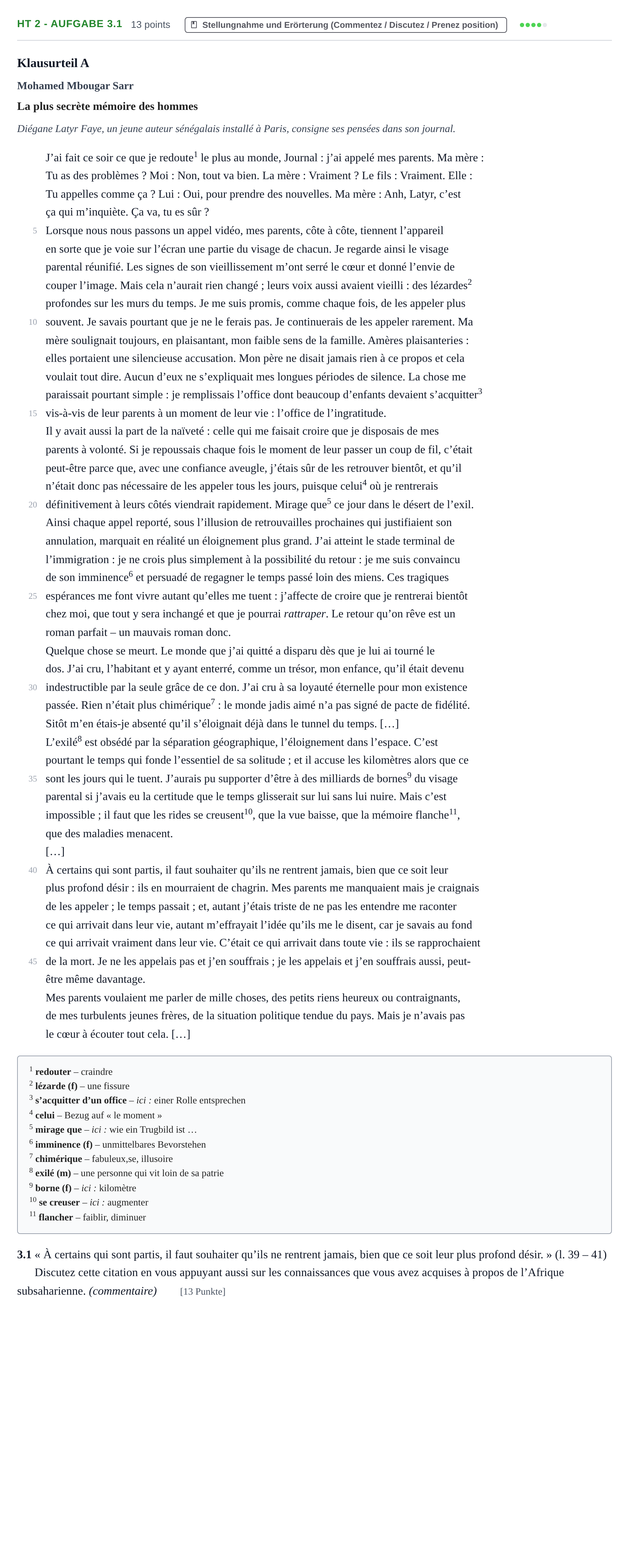 Aufgabenstellung: Aufgabe HT 2 - Aufgabe 3.1 · Abitur NRW Französisch GK · Haupttermin · fortgeführt 2023