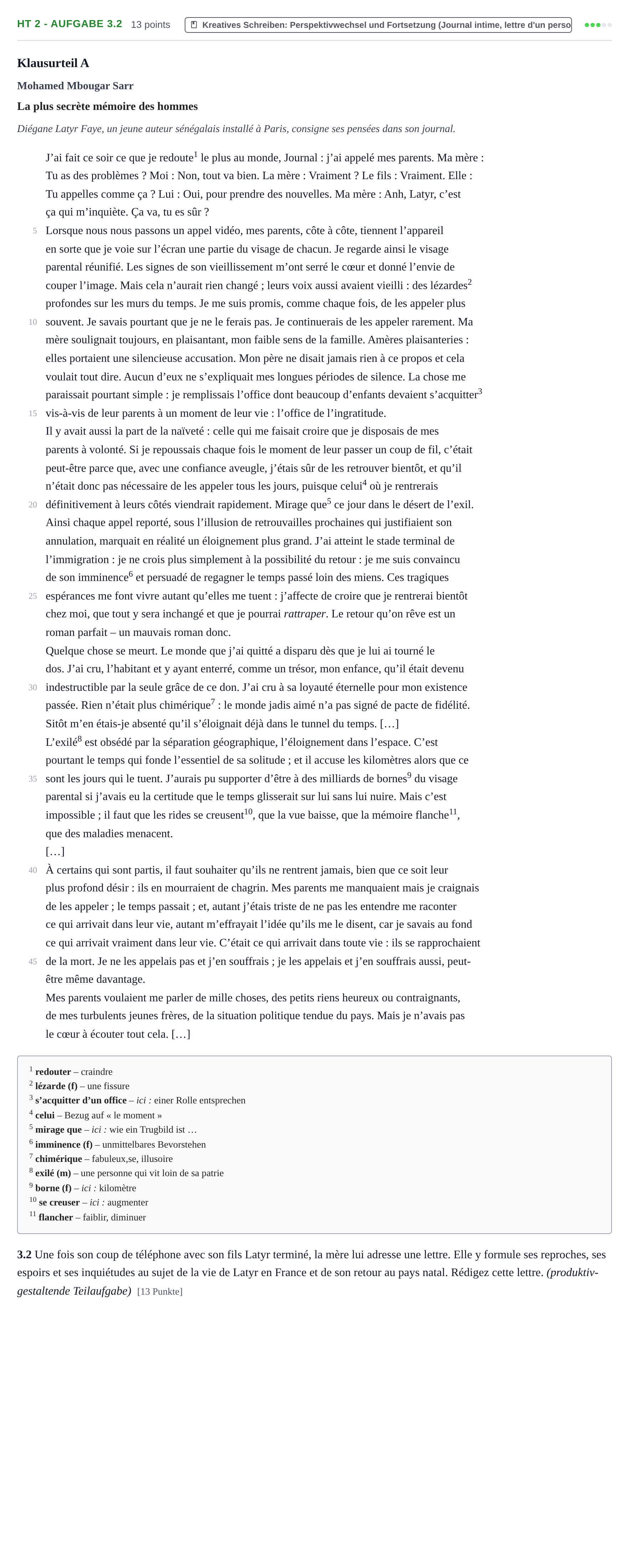 Aufgabenstellung: Aufgabe HT 2 - Aufgabe 3.2 · Abitur NRW Französisch GK · Haupttermin · fortgeführt 2023